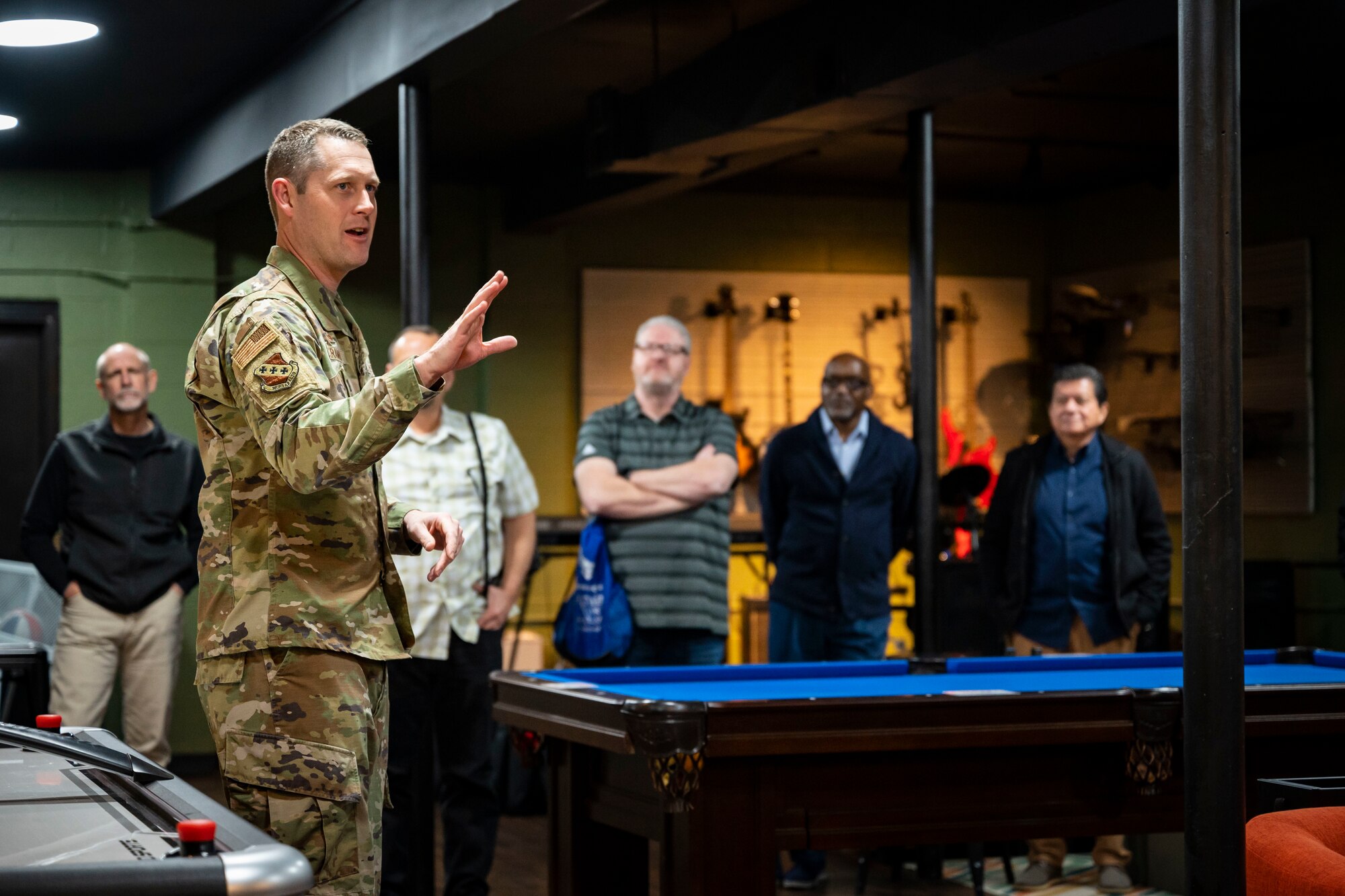 U.S. Air Force Col. Joseph Kramer, 7th Bomb Wing commander, discusses the wing priorities with local religious leaders during the Dyess Clergy Day tour at Dyess Air Force Base, Texas, Feb. 28, 2023. Clergy Day is an annual event the Dyess AFB Chaplain Corps hosts to forge rapport and relationships with local clergy of all faith backgrounds who support the Dyess community. (U.S. Air Force photo by Senior Airman Leon Redfern)