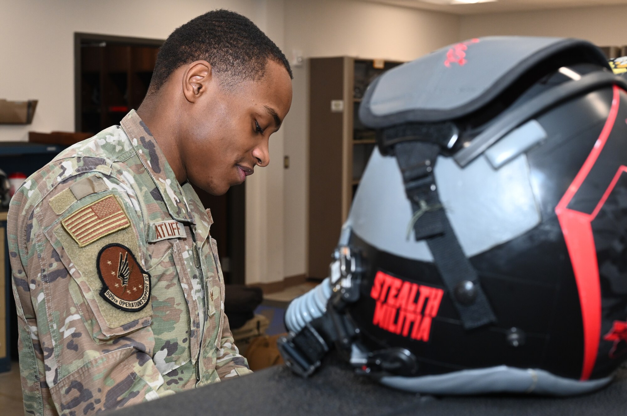 Senior Airman Anthony Ratliff, Aircrew Flight Equipment journeyman, assigned to the 509th Operations Support Squadron, tears down, inspects, cleans, reassembles, and tests oxygen masks and flight helmets in the Aircrew Flight Equipment shop at Whiteman Air Force Base, Missouri, Feb. 13, 2023. Aircrew Flight Equipment Airmen are responsible for ensuring that all flight and safety equipment is in good working order. (U.S. Air Force photo by Airman 1st Class Hailey Farrell)