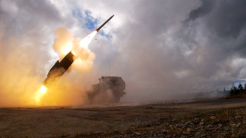 A U.S. Army M142 High Mobility Artillery Rocket System, from 3rd Battalion, 321 Field Artillery Regiment, attached to 41st Field Artillery Brigade, fires a rocket as part of Nordic Strike 22, at Vidsel Test Range, Sweden, Sept. 27, 2022. U.S. Army Europe and Africa possesses the organic ability to integrate these long-range precision fires rapidly, with partner nations, during exercises, like Nordic Strike 22, and potential conflict to deliver scalable joint fires in support of U.S. and partner nations’ operations anywhere in Europe, Africa and beyond. (U.S. Army photo by Spc. Devin Klecan)