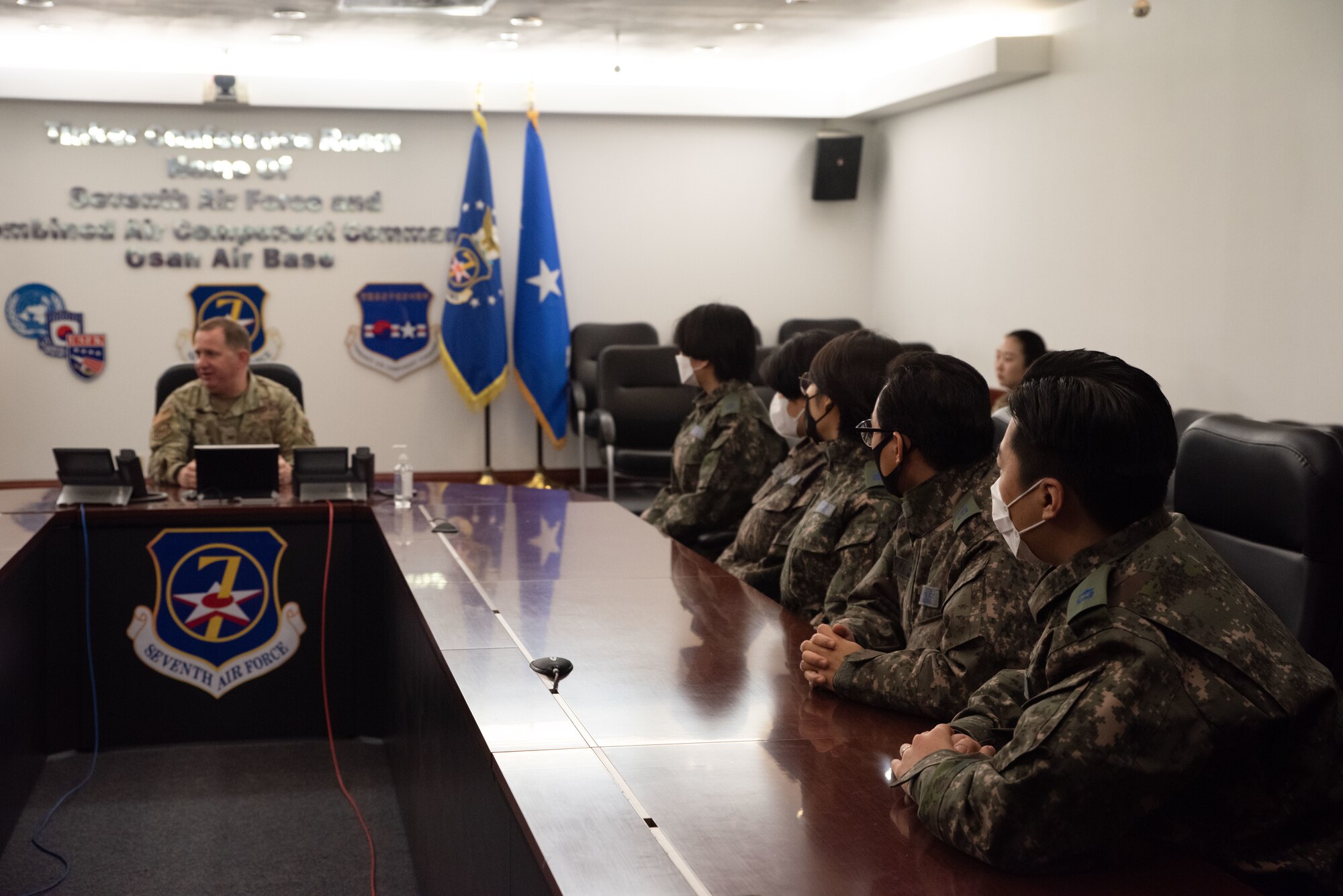 U.S. Air Force Col. Brady Vaira, 7th Air Force chief of staff, meets with Republic of Korea Air Force interpretation officers in training during an immersion tour at Osan Air Base, ROK, Feb. 23, 2023.