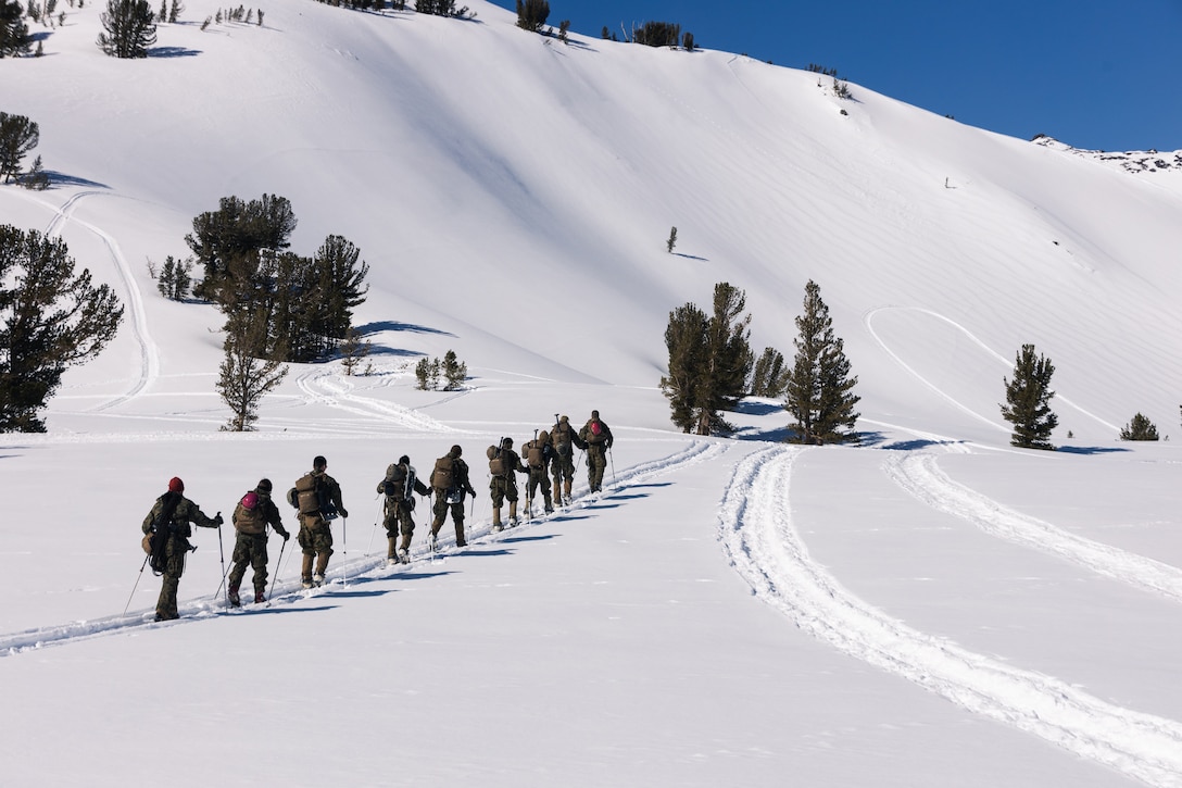 Marines ski across the snow in a hilly area.