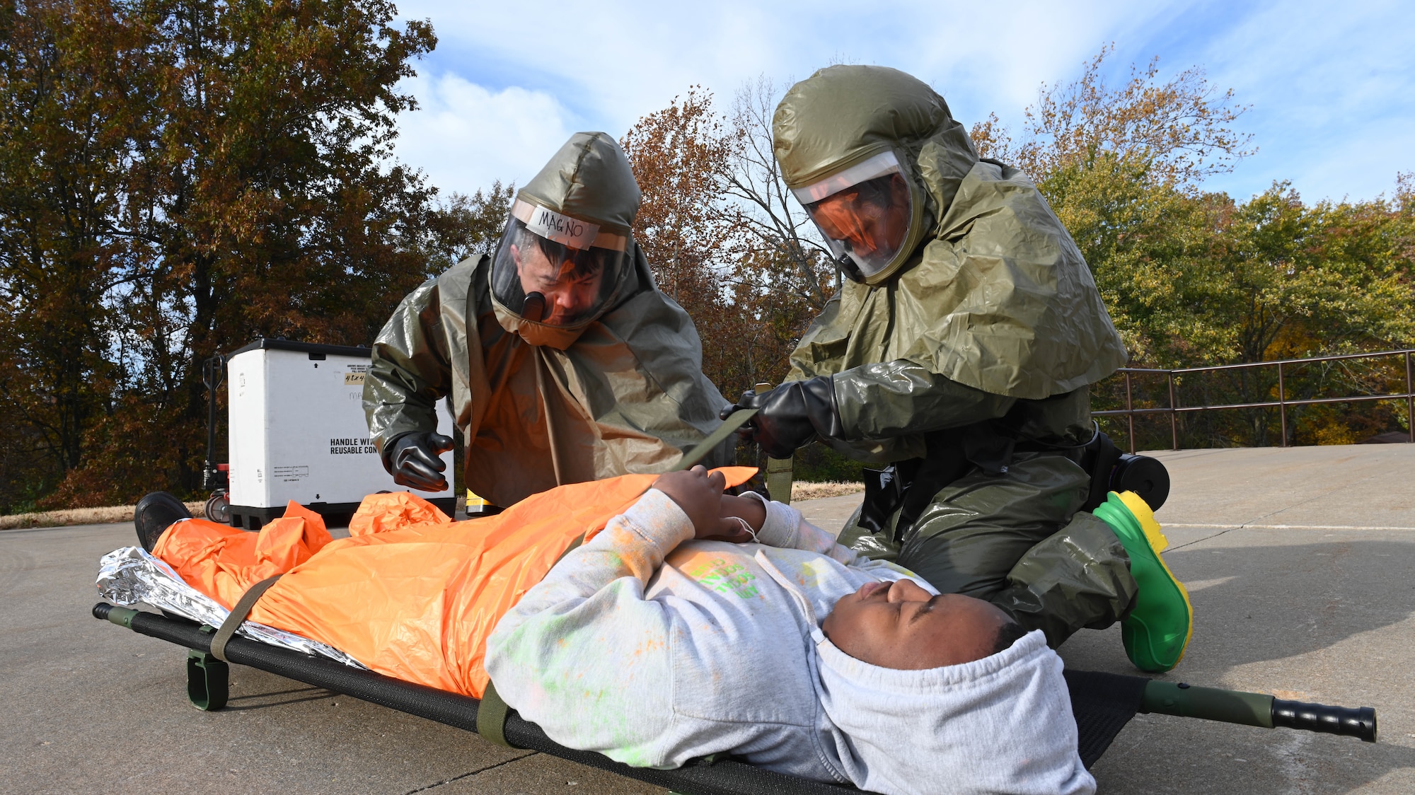 U.S. Air Force Airmen assigned to the 509th Medical Group participate in a medical preparedness exercise at Whiteman Air Force Base, Missouri, October 27, 2022. The exercise was designed to prepare medical personnel for a home station response to emergencies, and incorporated a public health emergency to evaluate the team’s response to a biological agent. (U.S. Air Force photo by Airman 1st Class Hailey Farrell)