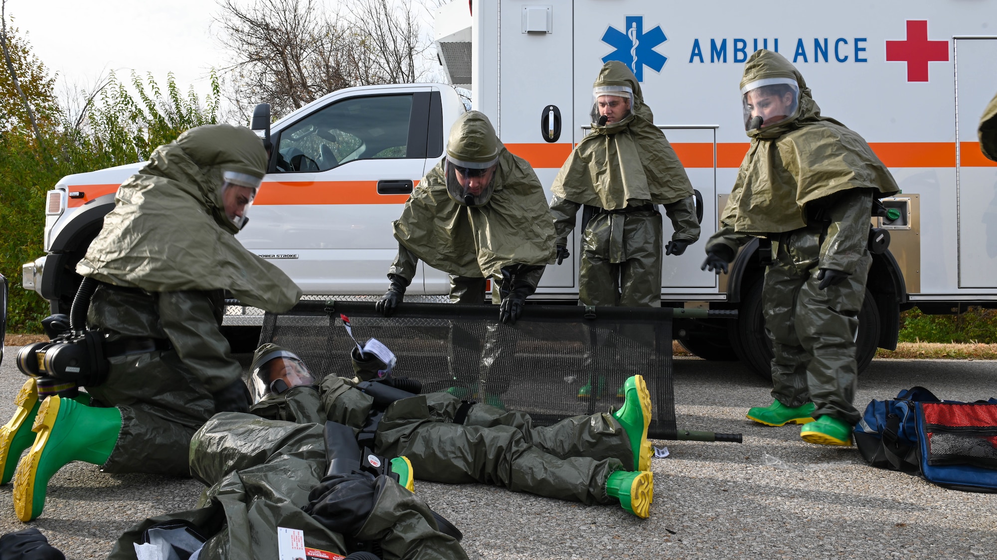 U.S. Air Force Airmen assigned to the 509th Medical Group participate in a medical preparedness exercise at Whiteman Air Force Base, Missouri, October 27, 2022. Multiple teams include in-place patient decontamination, triage, clinical, mental health, simulated emergency operations center, security, lab-bio detection, medical control center, logistics, pharmacy, and patient administration to assess and triage the casualties and their injuries. (U.S. Air Force photo by Airman 1st Class Hailey Farrell)