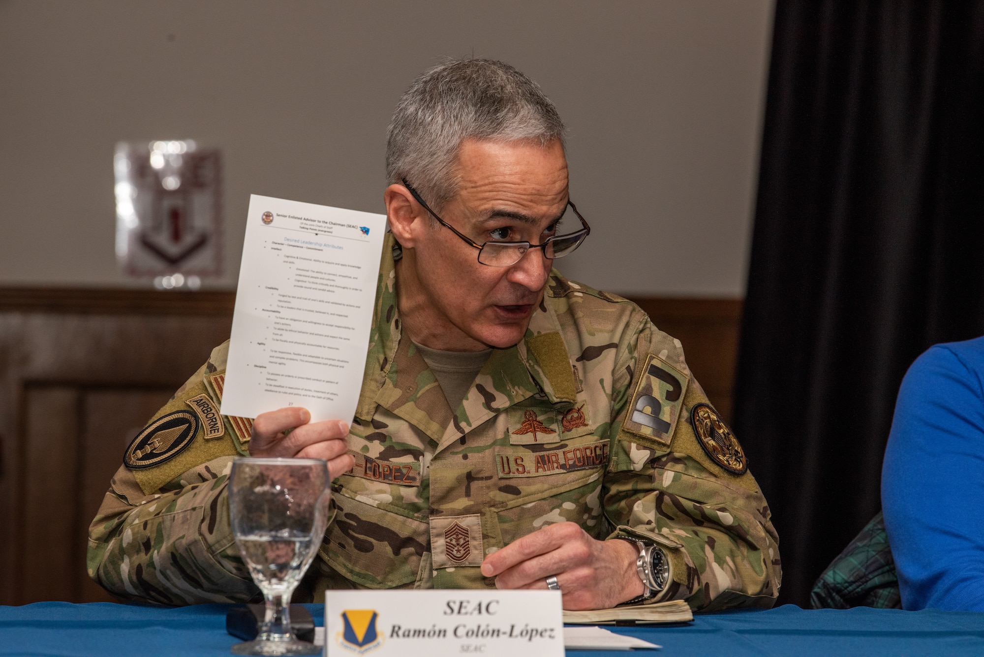 Senior Enlisted Advisor to the Chairman Ramon “CZ” Colon-Lopez, participates in a round-table discussion with Airmen, civilians and spouses during a personnel and readiness visit to Ramstein Air Base, Germany, March 1, 2023.