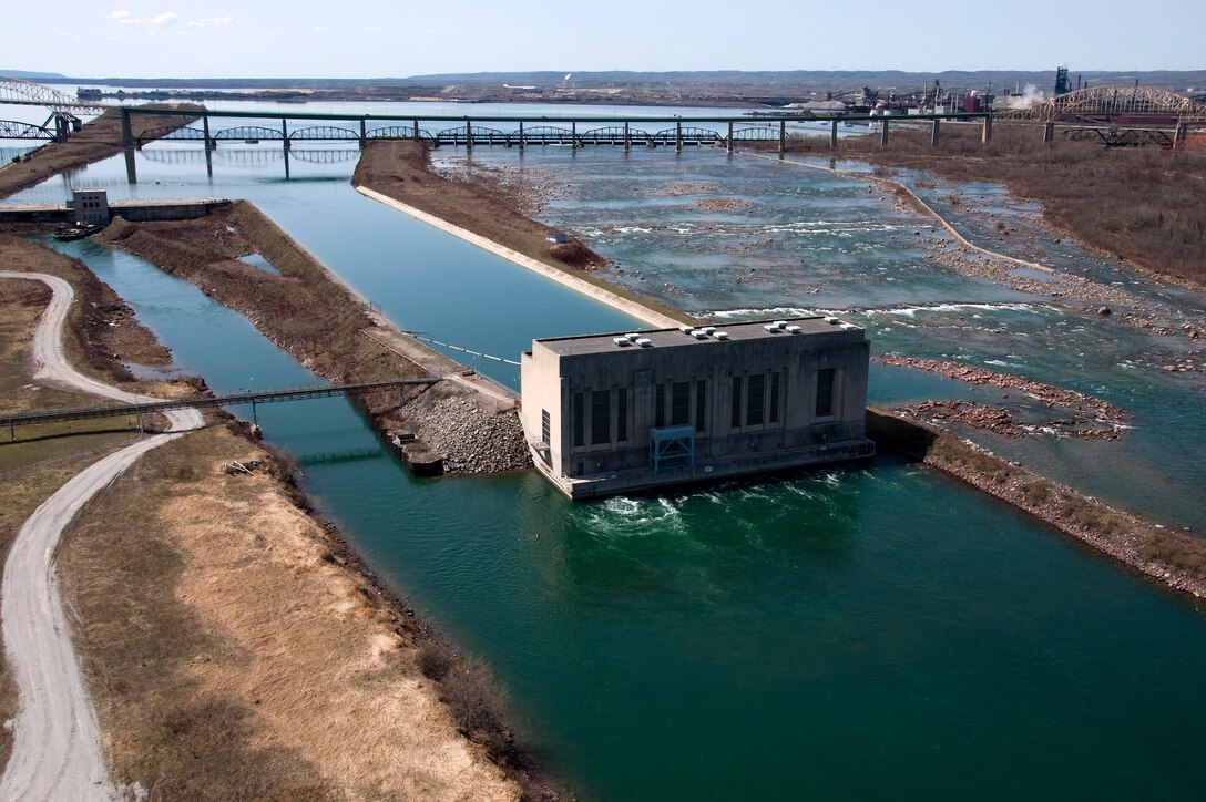 Aerial view looking west at the Soo Locks Hydro Plant tail race and St. Marys River rapids in Sault Ste. Marie, Mich. taken May 2010.