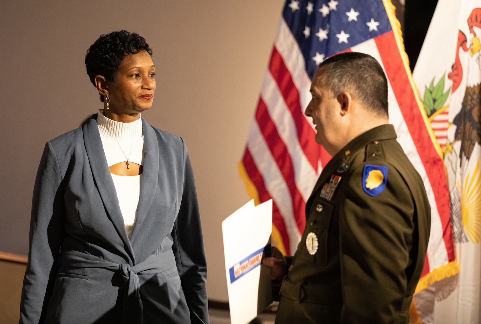 Brig. Gen. Mark Alessia, Director of the Joint Staff, ILNG, speaks with keynote speaker, Lt. Col. (retired) Renysha Brown after a a Desert Storm remembrance ceremony at the Illinois State Military Museum Feb. 28, honoring the 18 service members from the state of Illinois who passed away. February 28, 2023, marks the 32nd anniversary of the cease fire announcement of the Persian Gulf War. We thank all the men and women who served our country in Operations Desert Shield and Desert Storm. (U.S. Army photo by Sgt. Trenton Fouche, Joint Force Headquarters - Illinois National Guard)