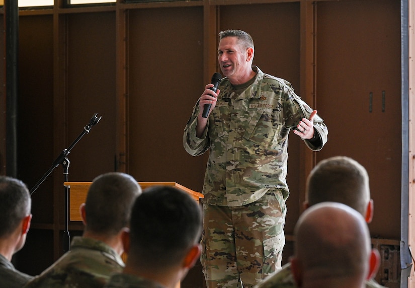 U.S. Air Force Col. Gregory Beaulieu, Joint Base Langley-Eustis installation commander, gives a speech as the guest speaker at the F-22 Consolidation Operations Maintenance Hanger ceremony at JBLE, Virginia, Feb. 22, 2023.