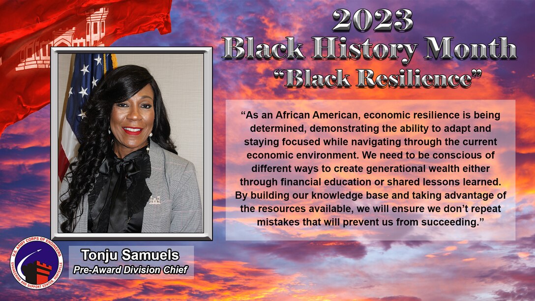 Tonju Samuels, Pre-Award Division chief, spoke about economic resilience during Huntsville Center's Black History Month presentation Feb. 28. (Graphic by Steve Lamas and Kristen Bergeson)