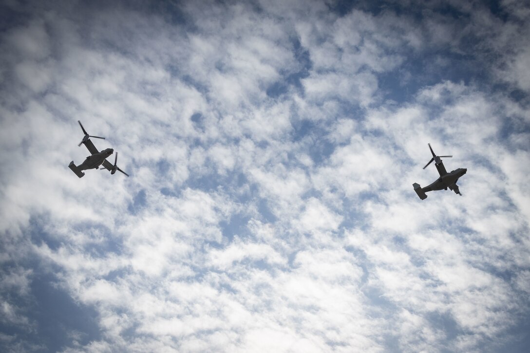 U.S. Marines with 3rd Marine Aircraft Wing fly MV-22B Ospreys in support of Marine Littoral Regiment Training Exercise (MLR-TE), above Marine Corps Base Camp Pendleton, California, Feb. 13, 2023. MLR-TE is a large-scale, service-level exercise designed to train, develop, and experiment with the 3d MLR as part of a Marine Air-Ground Task Force, led by 3d Marine Division, operating as a Stand-in Force across a contested and distributed maritime environment. (U.S. Marine Corps photo by Cpl. Makayla Elizalde)