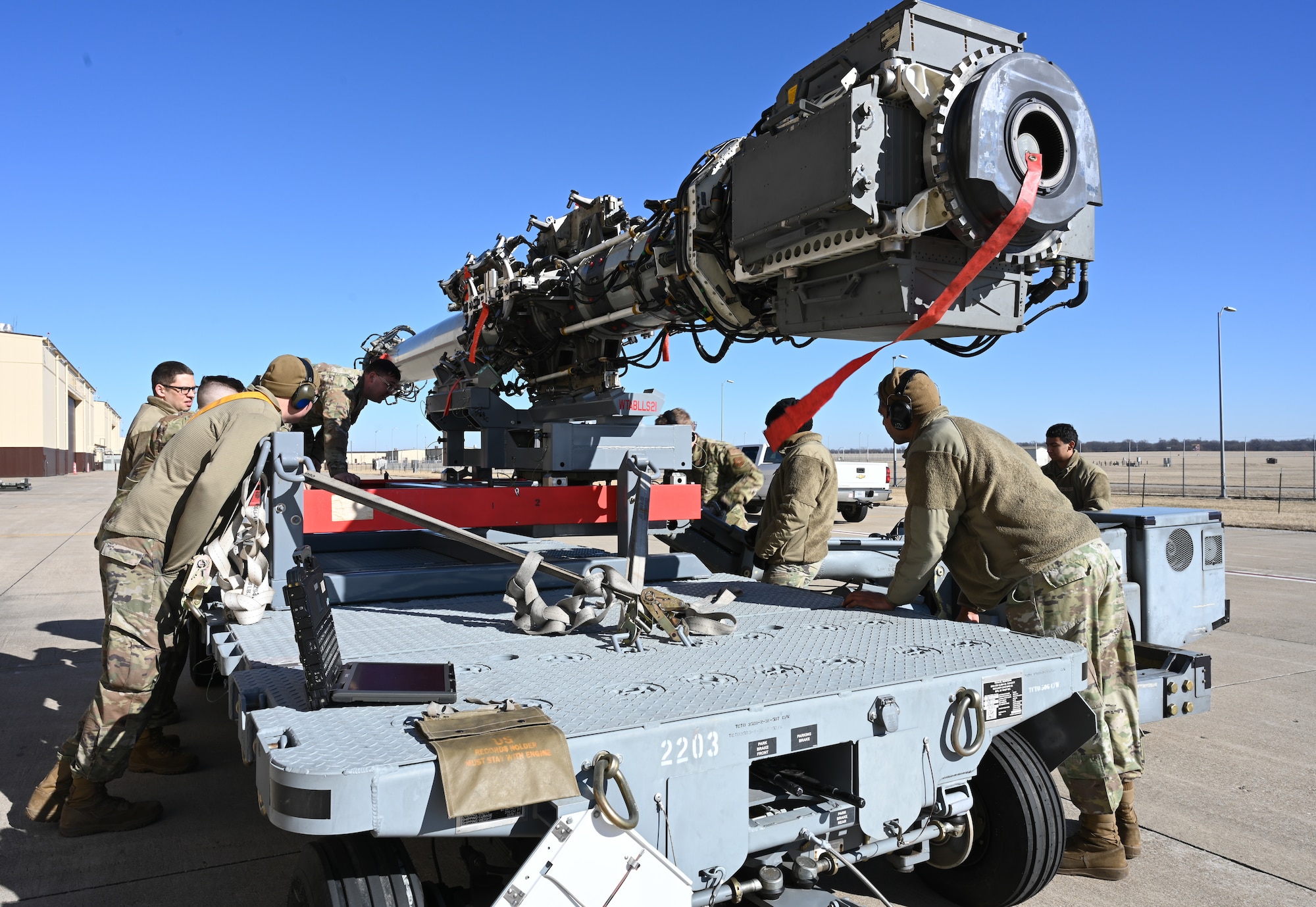 Airmen assigned to the 509th Aircraft Maintenance Squadron perform training on the new launcher load system (LLS) at Whiteman Air Force Base, Missouri, Feb. 2, 2023. This new system saves the Air Force money and resources.(U.S. Air Force photo by Airman 1st Class Hailey Farrell)