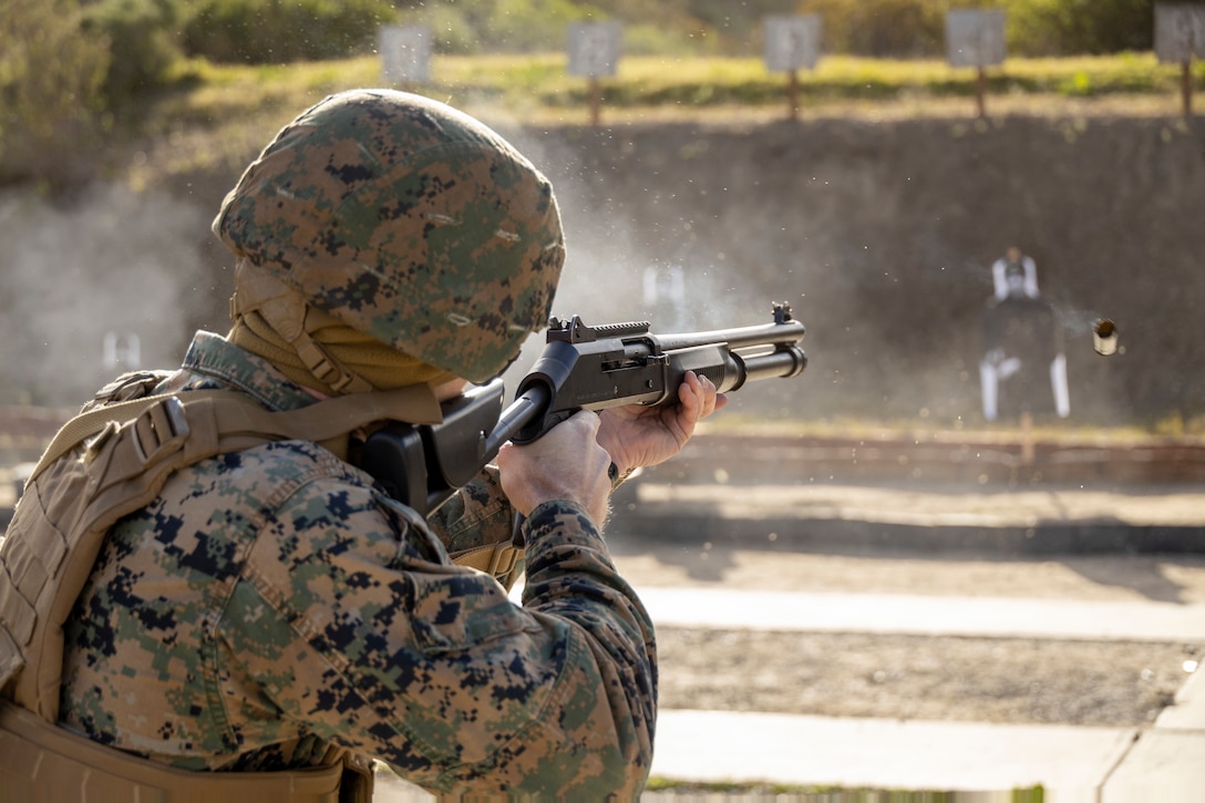 U.S. Marine Corps 2nd Lt. John Kelley, an air support control officer with Marine Air Support Squadron (MASS) 3, Marine Air Control Group 38, 3rd Marine Aircraft Wing, shoots an M1014 shotgun on Range 112A, Camp Pendleton, California, Feb. 22, 2023. The Benelli M4 Super 90, designated M1014, is an Italian-made, semi-automatic, gas operated 12-gauge shotgun using the similar automatic regulating gas operating technology as the M16 service rifle. Marines conduct ranges to gain familiarization and maintain proficiency with organic weapons systems. Kelley is a Quantico, Virginia, native. (U.S. Marine Corps photo by Cpl. Daniel Childs)