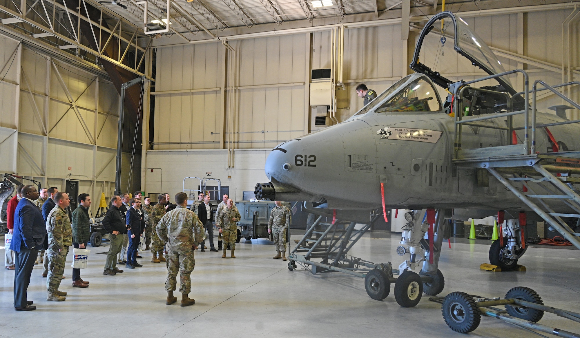 Members of the 275th Cyberspace Operations Squadron and their civilian employers receive an A-10C Thunderbolt II static display tour at Martin State Air National Guard Base, Middle River, Md., March 24, 2023.