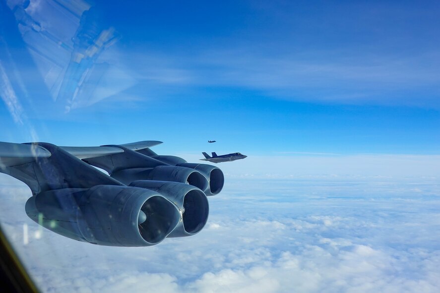 A Royal Air Force F-35 flies in formation with a B-52H Stratofortress assigned to the 23rd Expeditionary Bomb Squadron during a Bomber Task Force Mission in the U.S. European Command area of responsibility, Feb. 24, 2023U.S. Strategic Command BTF missions provide opportunities to train and work with our allies and partners in joint and coalition operations and exercises. (U.S. Air Force courtesy photo)