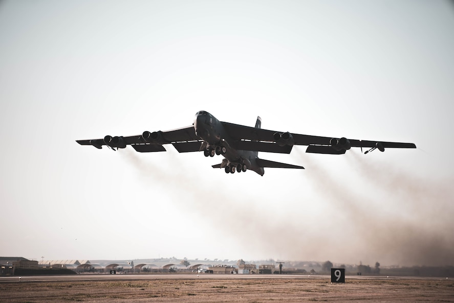 A B-52H Stratofortress aircraft takes flight for a Bomber Task Force mission at Morón Air Base, Spain on Mar. 1, 2023. These BTF missions are representative of the U.S. extended deterrent commitment to our Allies and Partners and enhance regional security. (U.S. Air Force photo by 1st Lieutenant Christopher Thibeaux-Moore)