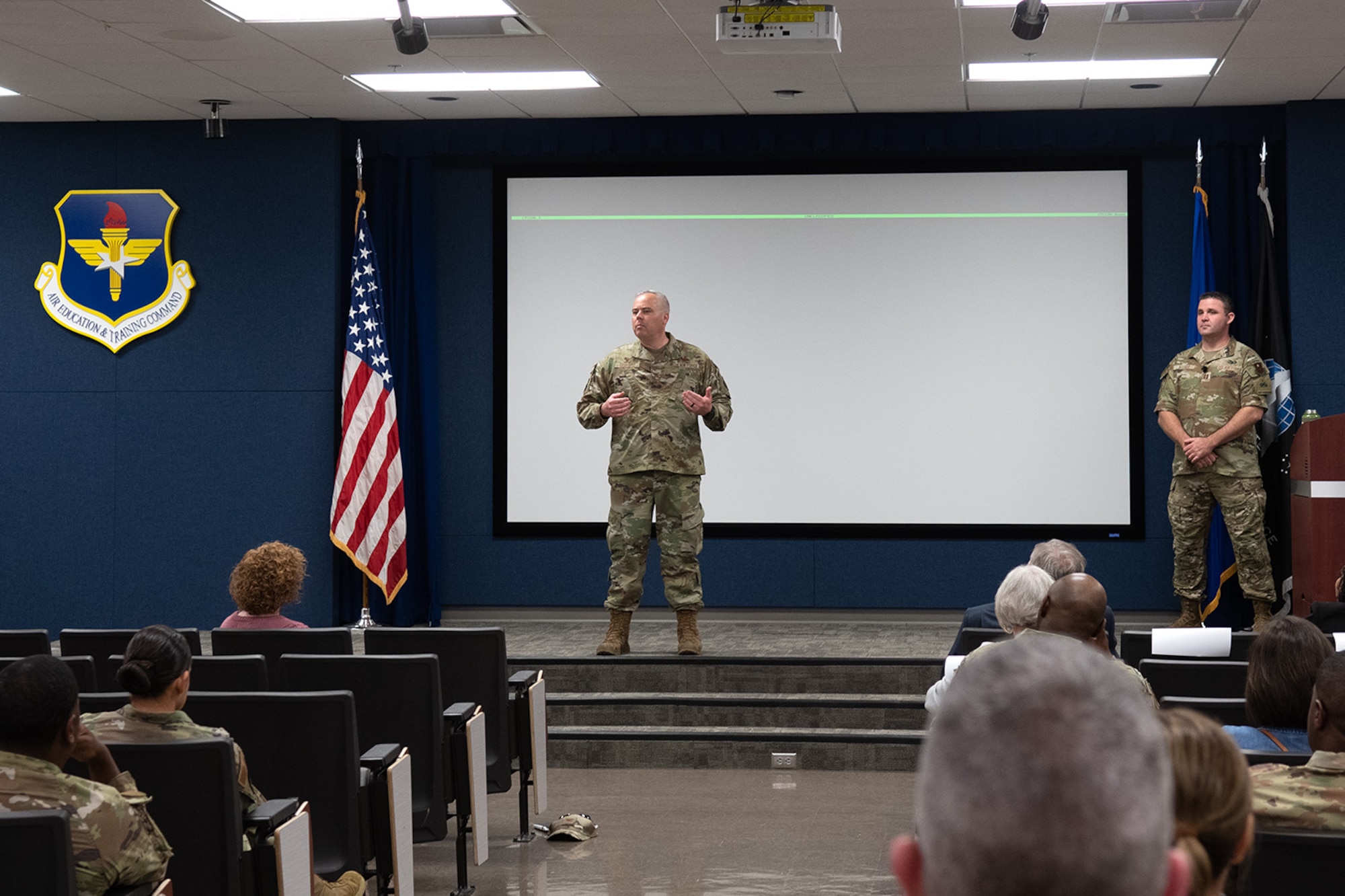 Col. Brad Ledford, 42nd Mission Support Group commander, introduces an intel brief to Honorary Commanders to provide insight into both United States and Chinese advanced technologies, as well as China's cyber capabilities and concerns about its growing space capabilities. The Honorary Commanders Program encourages partnerships and friendships between military and civilian leaders, allowing them to share experiences and grow a deeper understanding of civilian and military issues. (U.S. Air Force Photo by Staff Sgt. Lindsay Cryer)