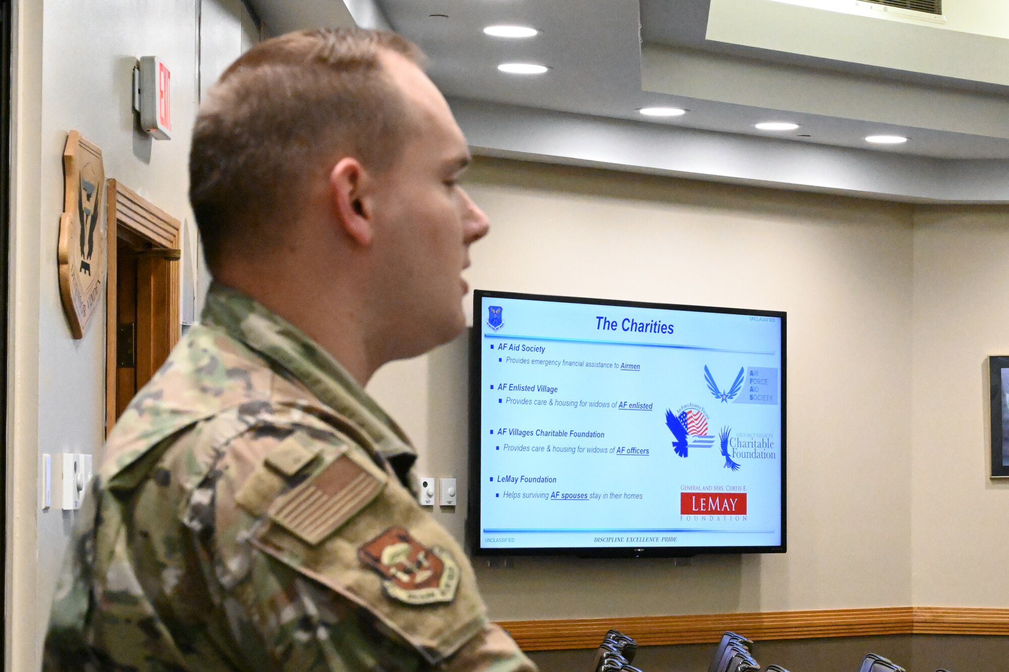 2nd Lt. Carl Stapley, 509th Munitions Squadron armament flight commander talks about the Air Force Assistance Fund at Whiteman Air Force Base, Mo., March 3, 2023. Stapley discussed some of the ways the Air Force Assistance Fund has helped Airmen across the globe. (U.S. Air Force photo by Senior Airman Nash Truitt)