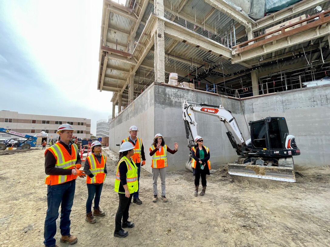 Cheree Peterson, the U.S. Army Corps of Engineers’ South Pacific Division regional business director, second from right, gets her first closeup look at the still-under-construction Spinal Cord Injury/Community Living Center during her visit to the Veterans Affairs San Diego Health Care System campus Feb. 17 in San Diego.