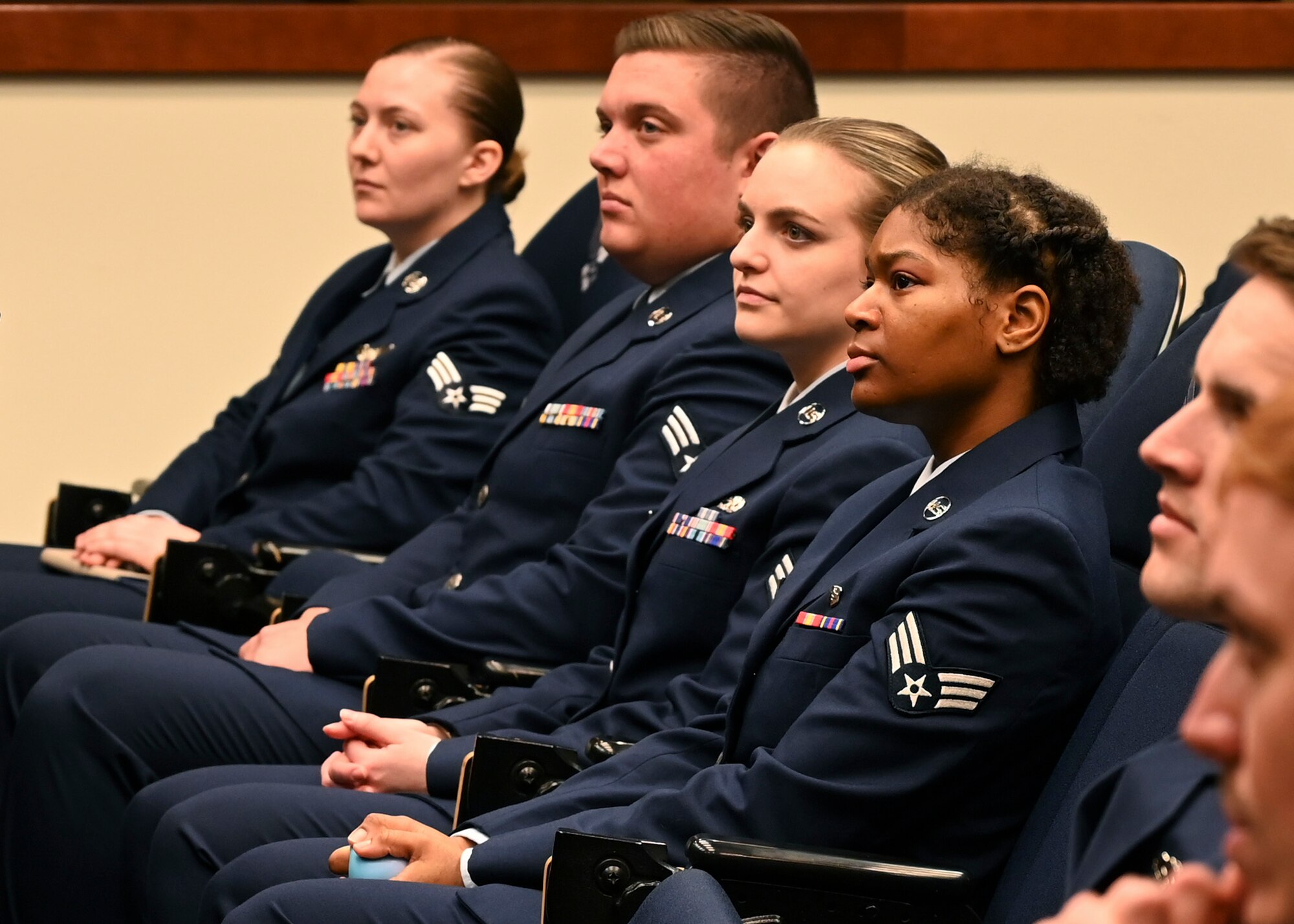 Team McChord Airmen with the Julius A. Kolb Airman Leadership School Class 23-C receive mentorship from Chief Master Sgt. Bickley, 18th Air Force command chief, at Joint Base Lewis-McChord, Washington, March 3, 2023. During Bickley’s visit he spoke with the ALS class, held an all-call with Team McChord, and spoke at the Chief Recognition Ceremony. (U.S. Air Force Senior Airman Callie Norton)