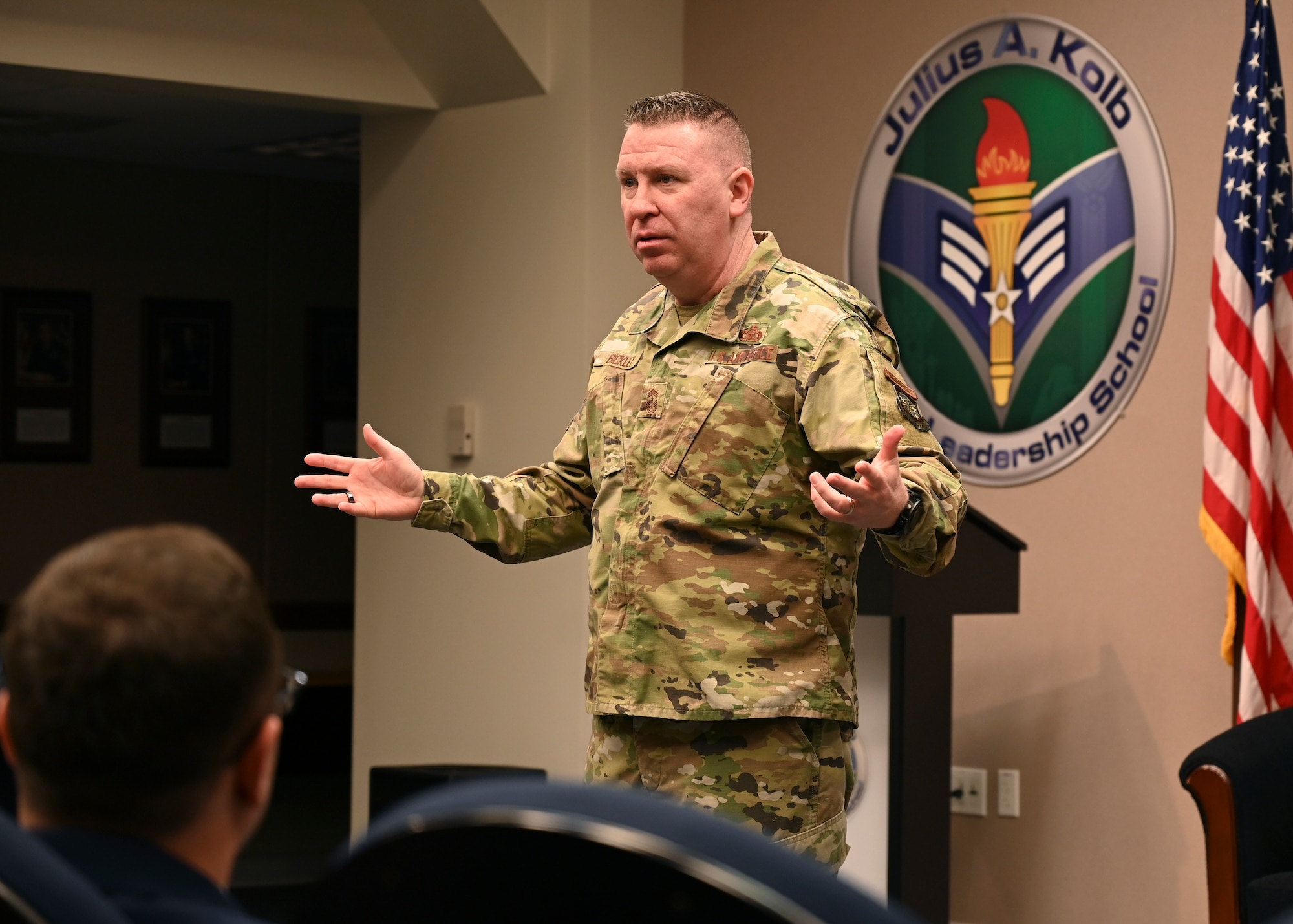 U.S. Air Force Chief Master Sgt. Chad Bickley, 18th Air Force command chief, met with the Julius A. Kolb Airman Leadership School Class 23-C at Joint Base Lewis-McChord, Washington, March 3, 2023. During Bickley’s visit he spoke with the ALS class, held an all-call with Team McChord, and spoke at the Chief Recognition Ceremony. (U.S. Air Force Senior Airman Callie Norton)