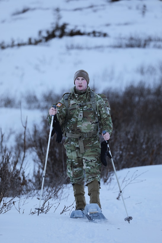 U.S. Army Soldiers with 70 Brigade Engineer Battalion, 1st Brigade Combat Team, 11th Airborne Division conduct an extreme cold weather foot movement during a human factors evaluation on the Cold Temperature and Arctic Protection System (CTAPS) in Ft. Greely, AK Jan. 9-14 2023.