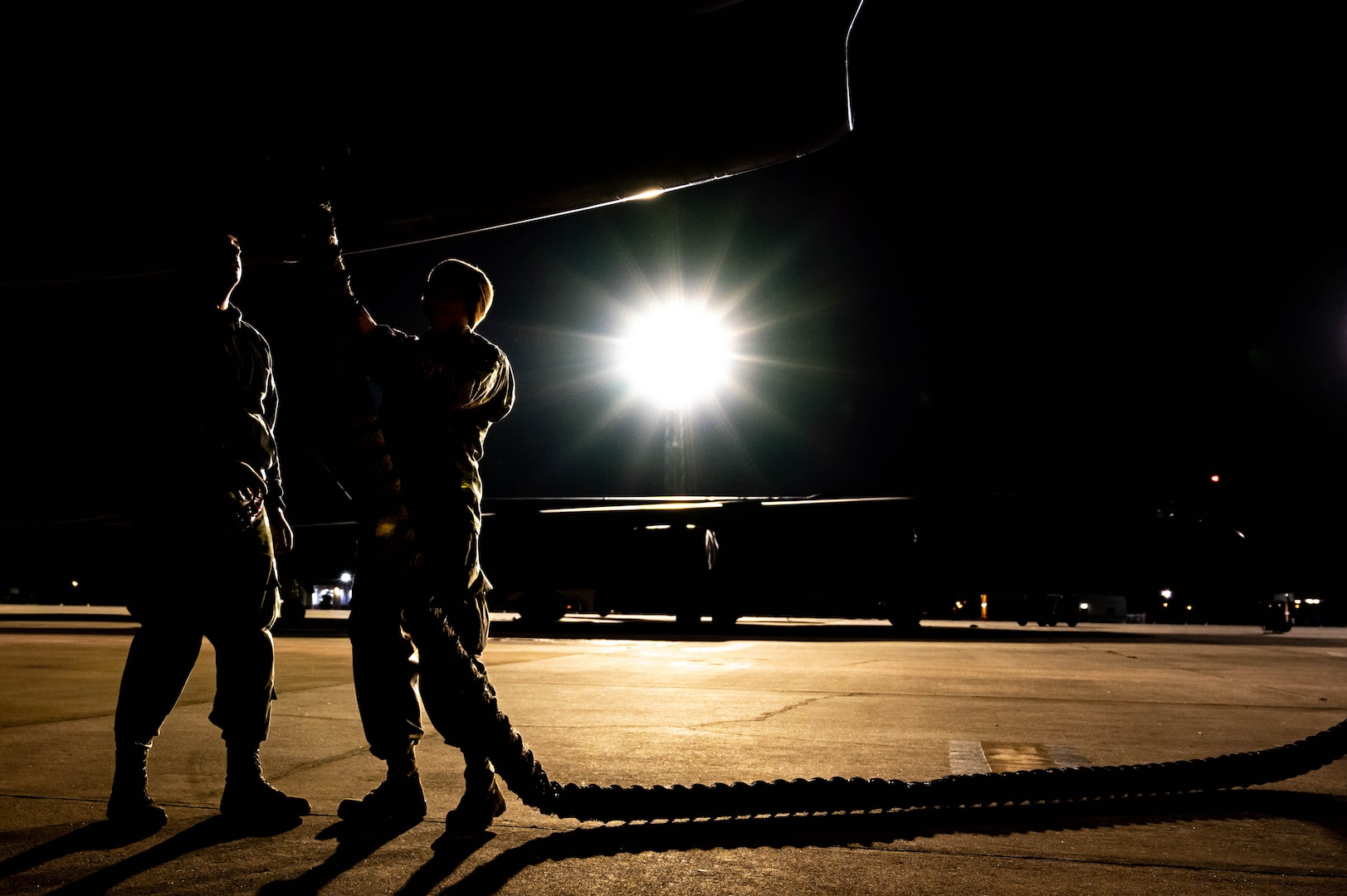 Crew chiefs assigned to the 23rd Expeditionary Bomb Squadron, prepare a B-52H Stratofortress for takeoff at Morón Air Base, Spain, Feb. 28, 2023. U.S. Strategic Command forces are on watch 24/7/365 to deter and detect strategic attacks against the U.S. and our Allies. (U.S. Air Force photo by Airman 1st Class Alexander Nottingham)