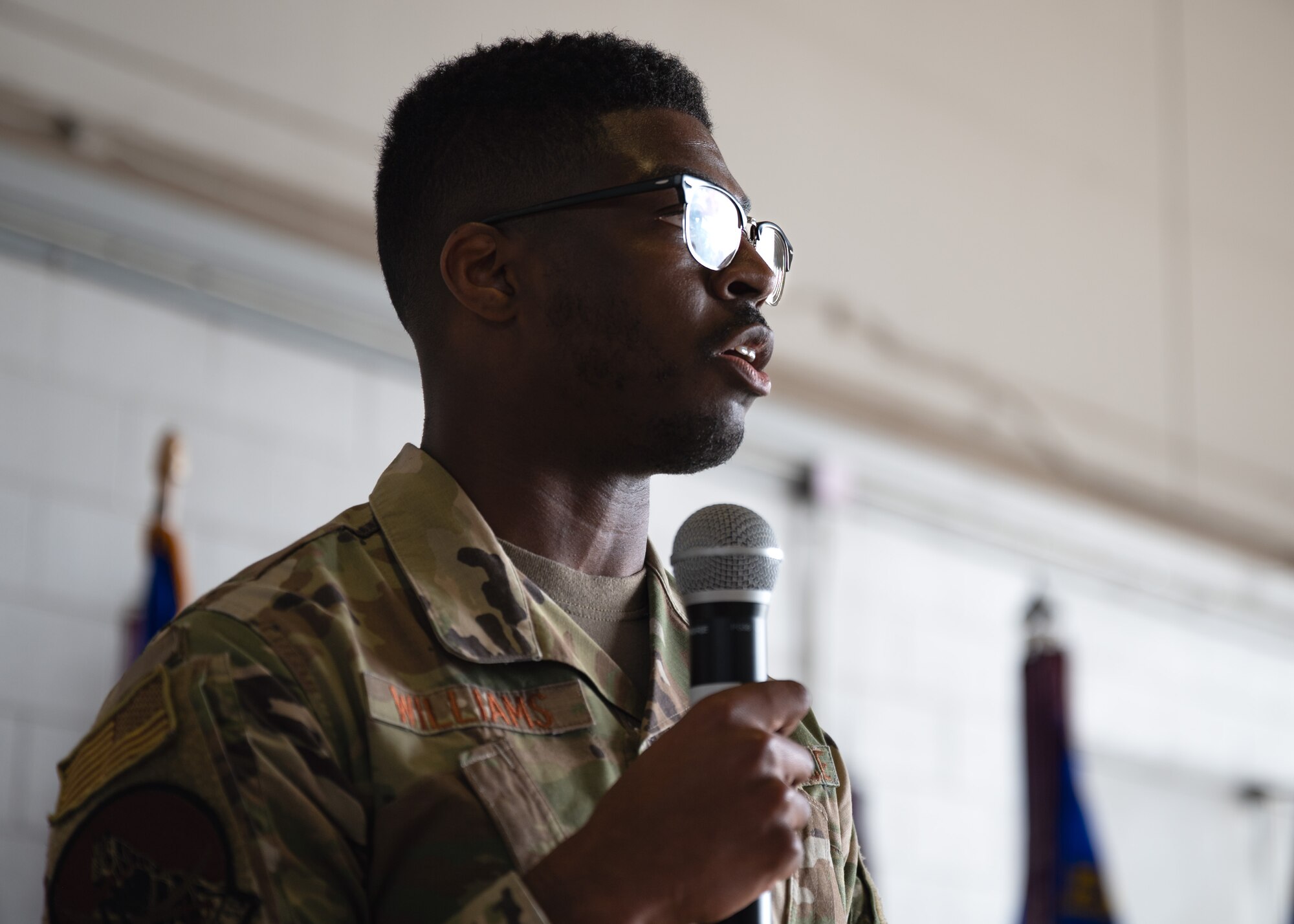 U.S. Air Force Staff Sgt. delivers speech
