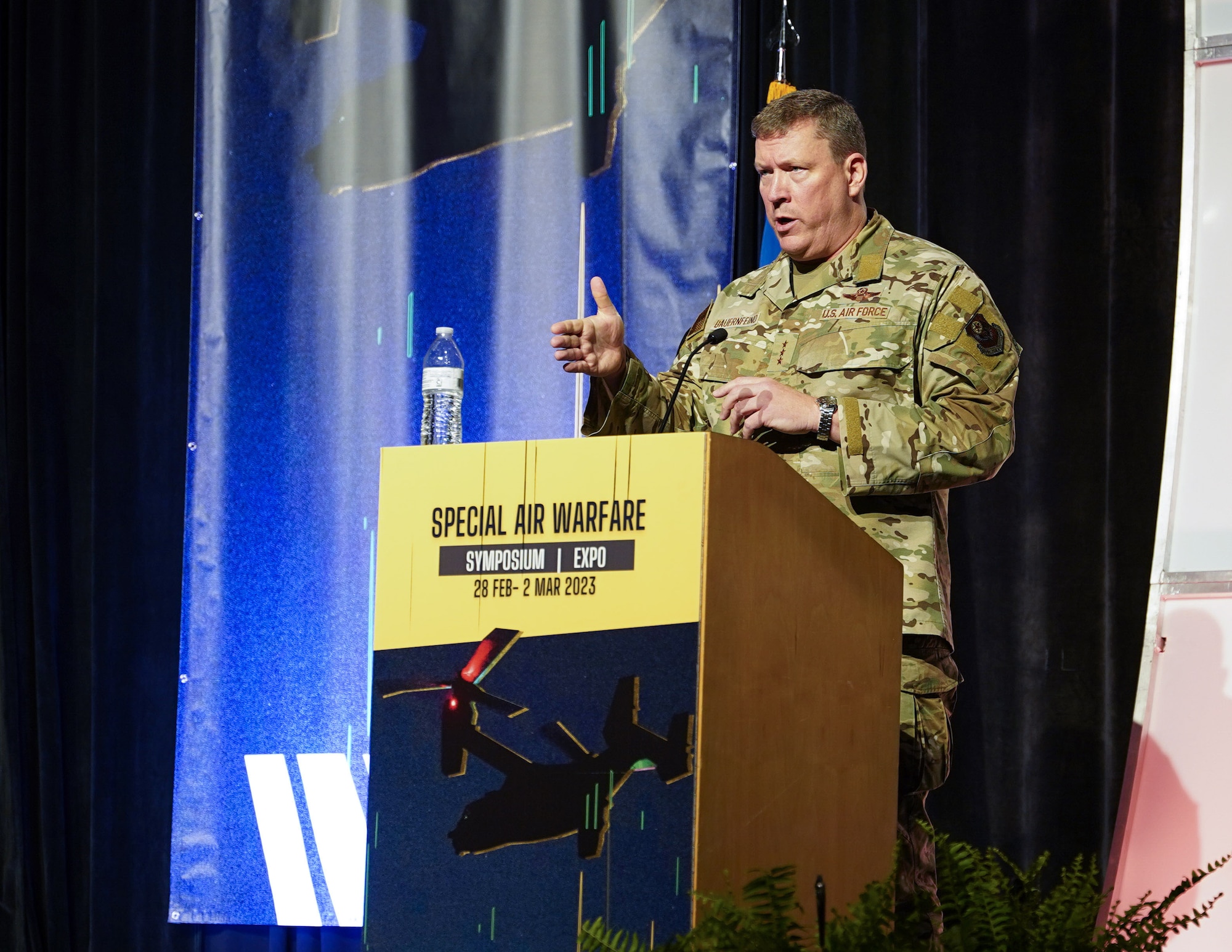Lt. Gen. Tony Bauernfeind, Commander of Air Force Special Operations Command, speaks to attendees at the annual Special Air Warfare Symposium and Expo.