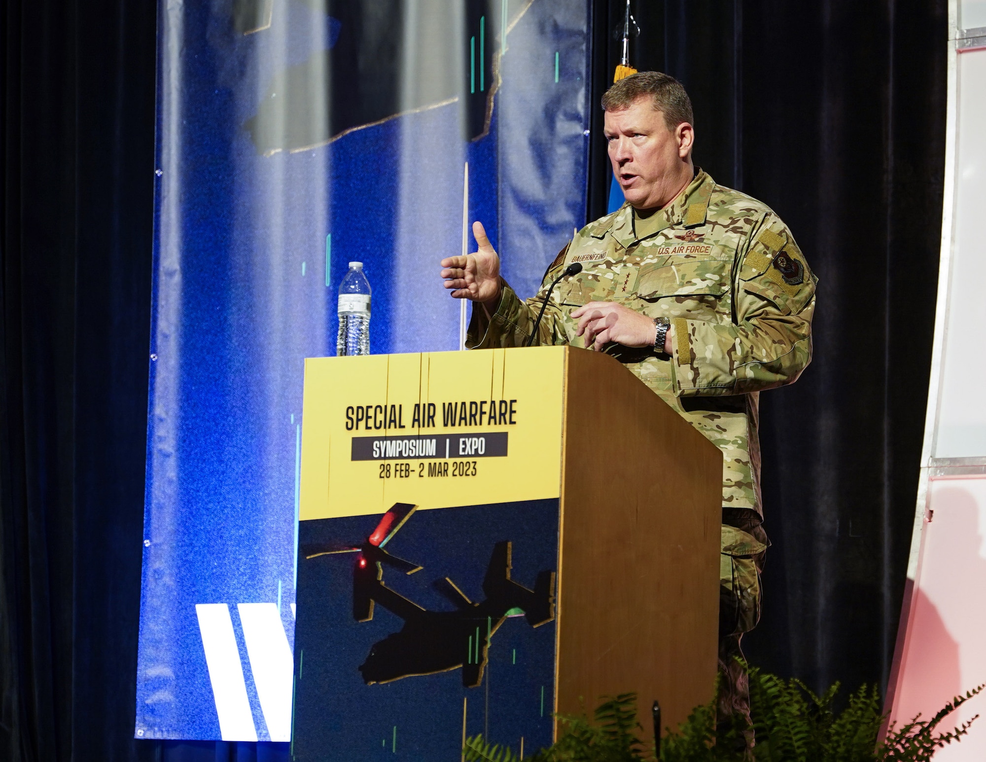 Lt. Gen. Tony Bauernfeind, Commander of Air Force Special Operations Command, speaks to attendees at the annual Special Air Warfare Symposium and Expo.