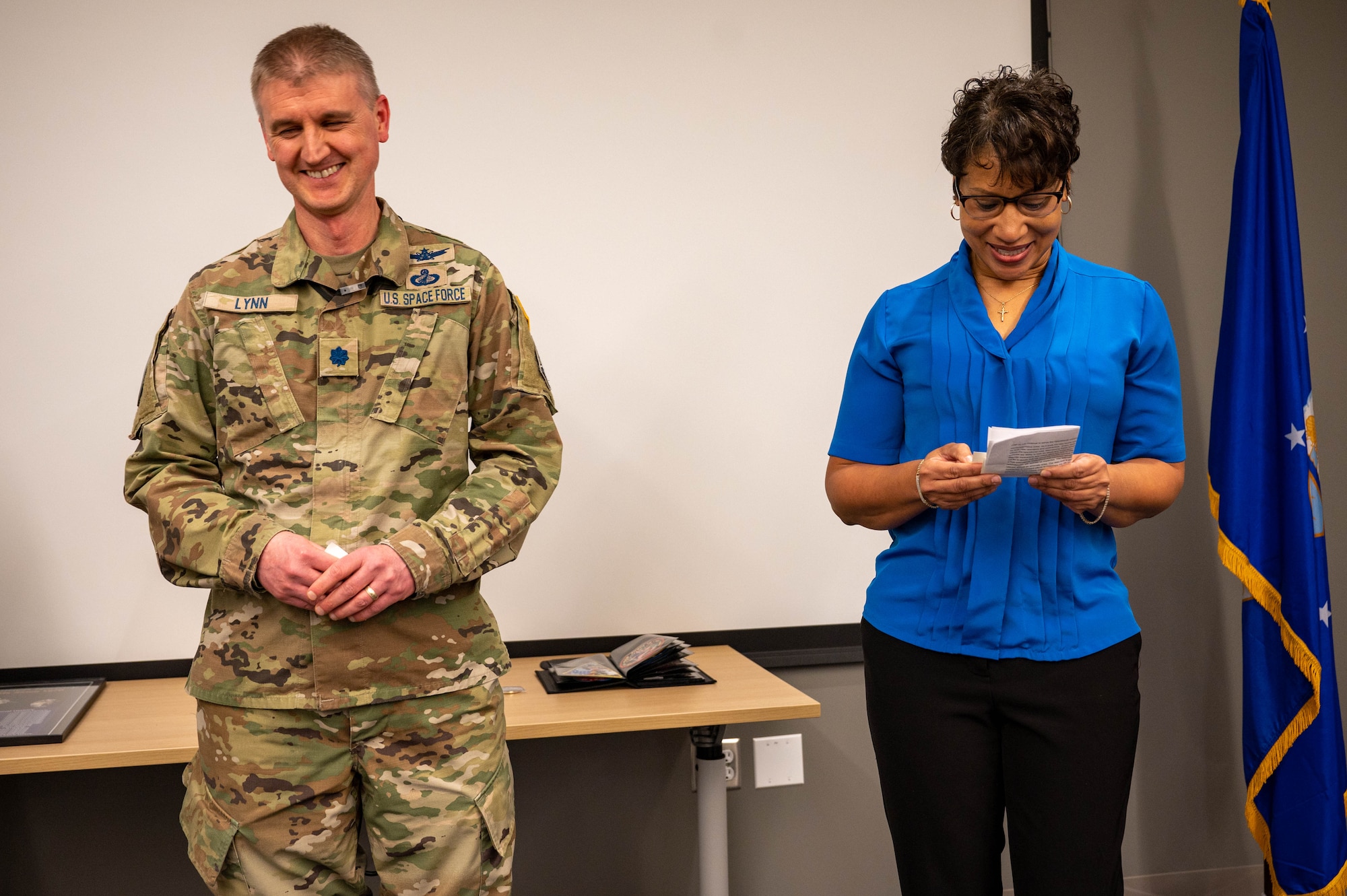 U.S. Space Force Lt. Col. Michael Lynn, Space Operations Command Missile Warning/Missile Tracking Integration Branch chief, alongside Anita McCorvey, Space Sensing Product Support Delta director, share the grand journey of a Defensive Support Program satellite at Buckley Space Force Base, Colo., March 2, 2023. The DSP constellation, in partnership with the more modern Space Based Infrared System (SBIRS) constellation, both operated by Space Delta 4, provides Theater Missile Warning within the Theater Event System and Strategic Missile Warning through the Ballistic Missile Defense System. (U.S. Space Force photo by Airman 1st Class Shaun Combs)