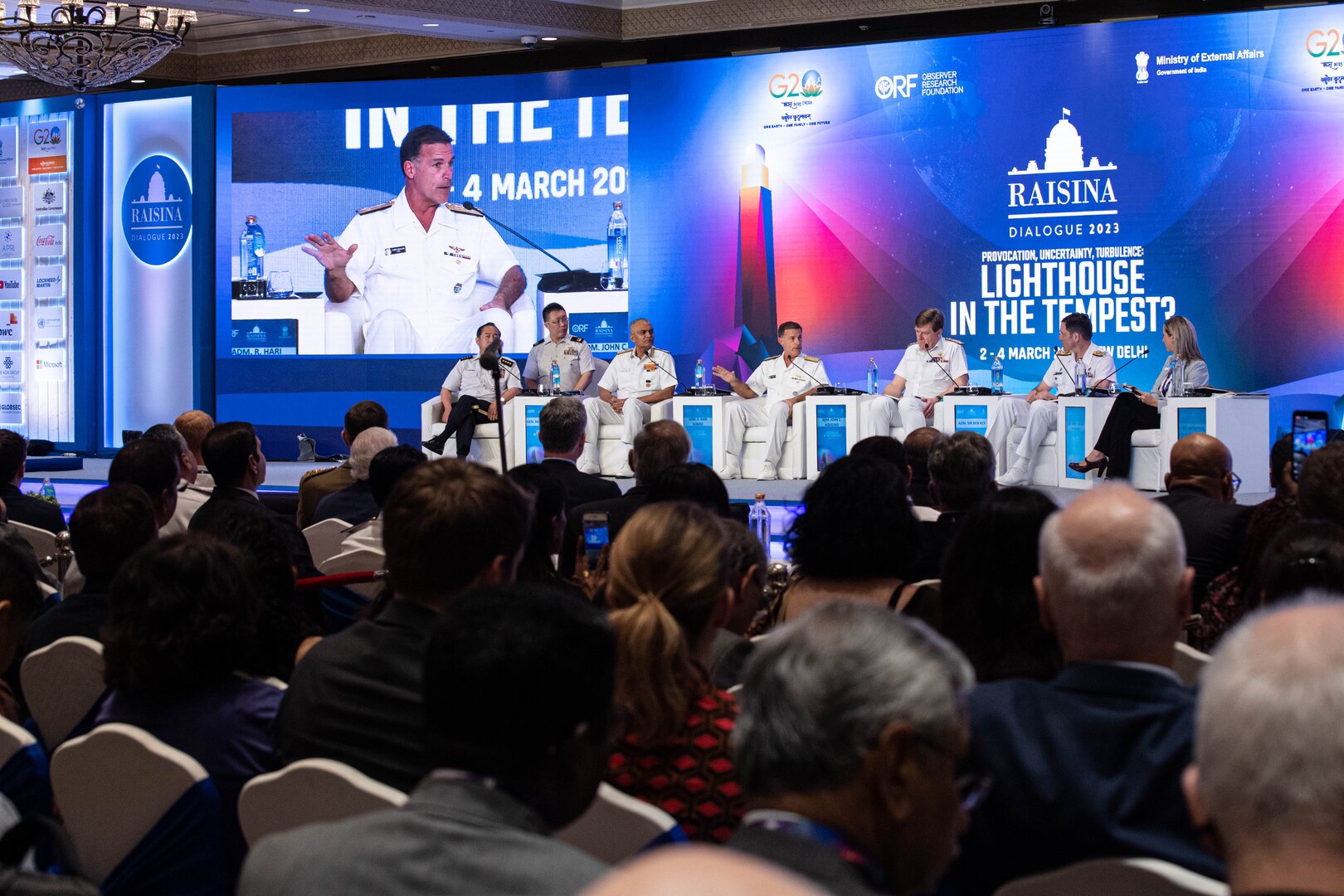 NEW DELHI (March 4, 2023) Adm. John C. Aquilino, Commander U.S. Indo-Pacific Command, speaks on Raisina Dialogue panel “The Future of Conflict: Lessons from the Third Decade,” alongside senior military leaders from Canada, India, Japan, and the United Kingdom. Raisina Dialogue is India’s leading conference on geopolitics, security, and economics. USINDOPACOM is committed to enhancing stability in the Asia-Pacific region by promoting security cooperation, encouraging peaceful development, responding to contingencies, deterring aggression and, when necessary, fighting to win. (U.S. Navy photo by Chief Mass Communication Specialist Shannon M. Smith)