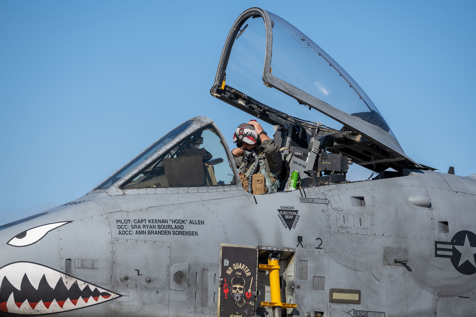 A U.S. Air Force pilot assigned to the 23rd Air Expeditionary Wing  prepares to depart the 156th Wing airfield in an A-10C Thunderbolt II during the Forward Tiger exercise at Muñiz Air National Guard Base, Carolina, Puerto Rico, Feb. 22, 2023. The Puerto Rico Air National Guard provided logistical support during Operation Forward Tiger, a training exercise designed to increase combat readiness, humanitarian assistance and disaster response in the Caribbean. (U.S. Air National Guard photo by Airman 1st Class Gisselle Toro)