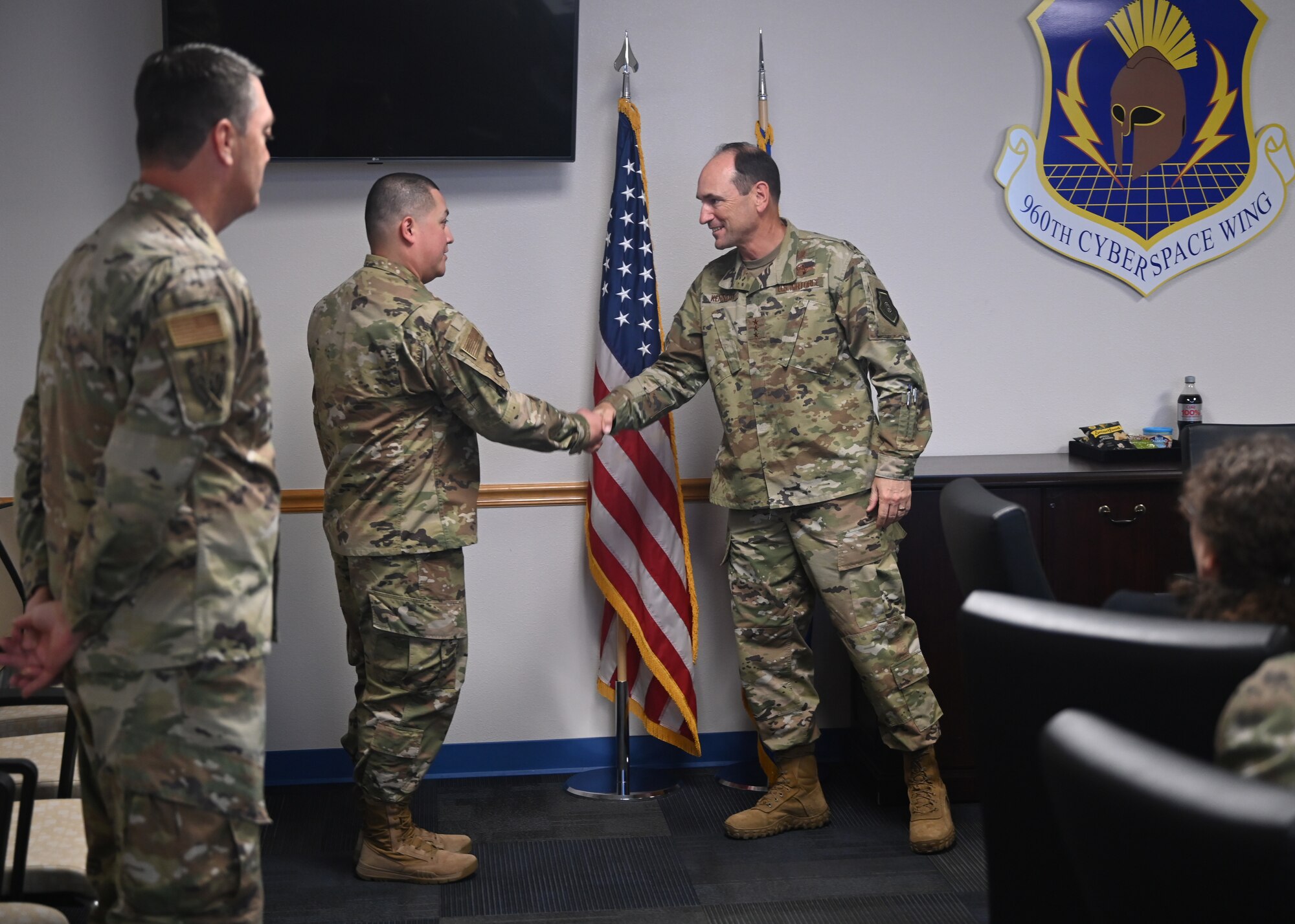 Airmen and civilian staff from the 960th Cyberspace Wing welcomed Lt. Gen. Kevin B. Kennedy, commander of 16th Air Force, at Joint Base Lackland-Chapman Training Annex, Texas on January 6, 2023.