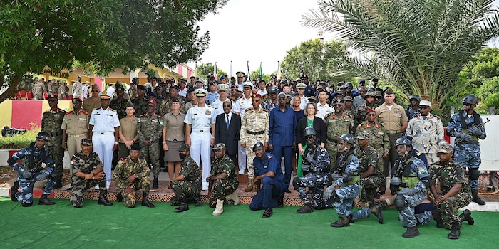 Cutlass Express 2023 kicked off with an opening ceremony in Djibouti, on Mar. 5, 2023. Cutlass Express 2023, conducted by U.S. Naval Forces Africa (NAVAF) and sponsored by U.S. Africa Command (AFRICOM) is designed to assess and improve combined maritime law enforcement techniques, promote safety and security in the Western Indian Ocean, and increase interoperability between participating nations. U.S. Sixth Fleet, headquartered in Naples, Italy, conducts the full spectrum of joint and naval operations, often in concert with allied and interagency partners, in order to advance U.S. national interests and security and stability in Europe and Africa.  (U.S. Air National Guard photo by Senior Master Sgt. Daniel Farrell)