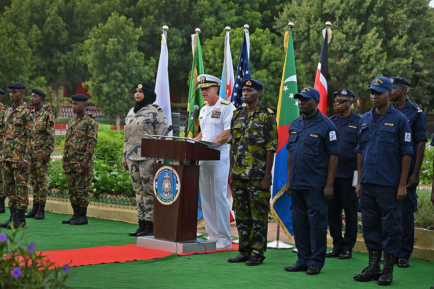 Cutlass Express 2023 kicked off with an opening ceremony in Djibouti, on Mar. 5, 2023. Cutlass Express 2023, conducted by U.S. Naval Forces Africa (NAVAF) and sponsored by U.S. Africa Command (AFRICOM) is designed to assess and improve combined maritime law enforcement techniques, promote safety and security in the Western Indian Ocean, and increase interoperability between participating nations. U.S. Sixth Fleet, headquartered in Naples, Italy, conducts the full spectrum of joint and naval operations, often in concert with allied and interagency partners, in order to advance U.S. national interests and security and stability in Europe and Africa.  (U.S. Air National Guard photo by Senior Master Sgt. Daniel Farrell)