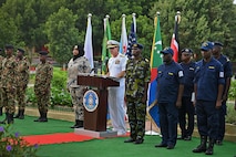 Cutlass Express 2023 kicked off with an opening ceremony in Djibouti, on Mar. 5, 2023. Cutlass Express 2023, conducted by U.S. Naval Forces Africa (NAVAF) and sponsored by U.S. Africa Command (AFRICOM) is designed to assess and improve combined maritime law enforcement techniques, promote safety and security in the Western Indian Ocean, and increase interoperability between participating nations. U.S. Sixth Fleet, headquartered in Naples, Italy, conducts the full spectrum of joint and naval operations, often in concert with allied and interagency partners, in order to advance U.S. national interests and security and stability in Europe and Africa.  (U.S. Air National Guard photo by Senior Master Sgt. Daniel Farrell)