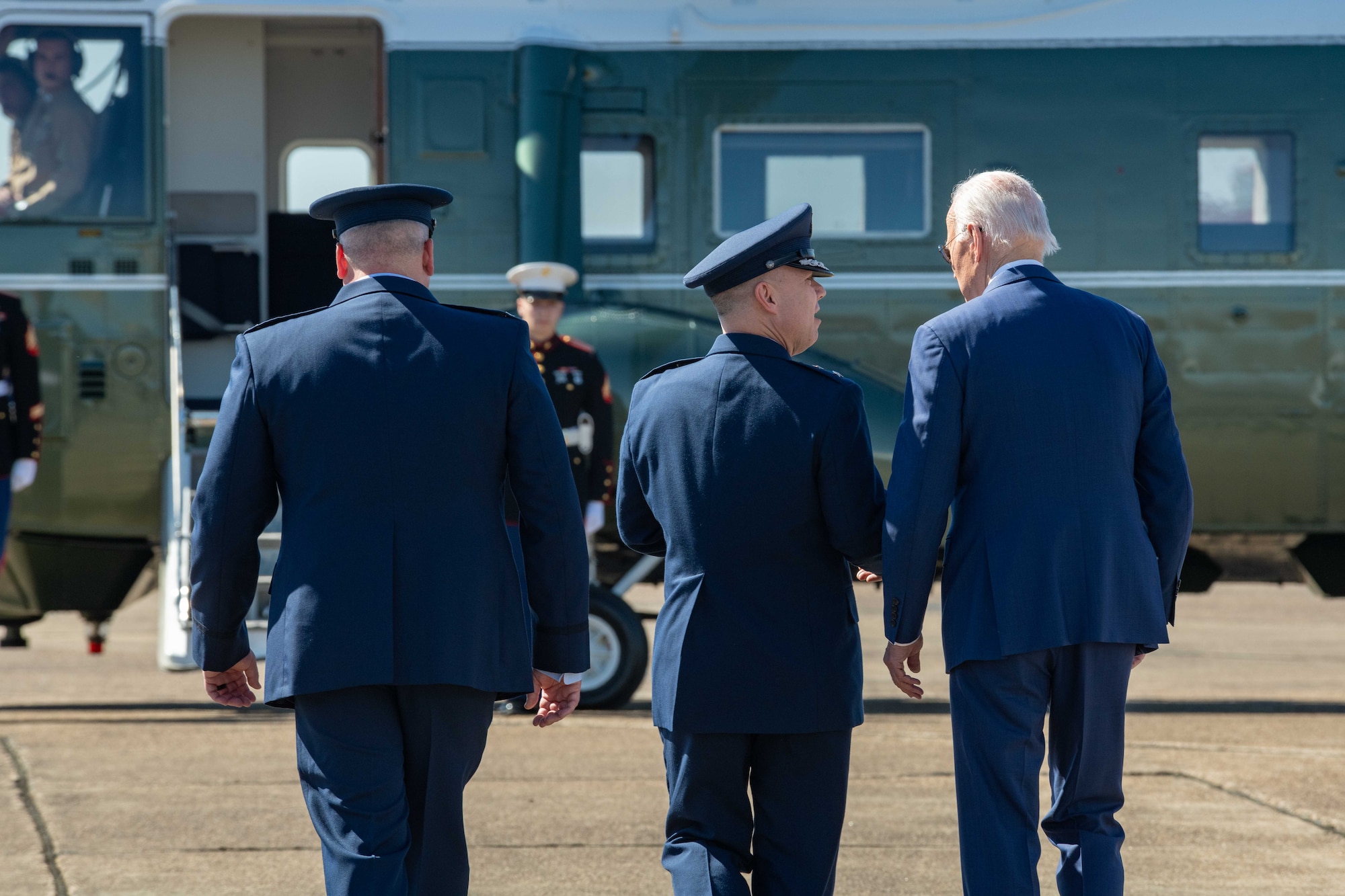 President Joe Biden greets Maj. Gen. William Holt and Col. Christopher Ledford at Maxwell Air Force Base, Mar. 5, 2023. Biden arrived at Maxwell in route to Selma to commemorate the 58th anniversary of Bloody Sunday.