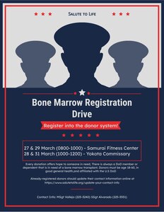 A flyer with a red and blue color scheme advertises an upcoming bone marrow registration drive.