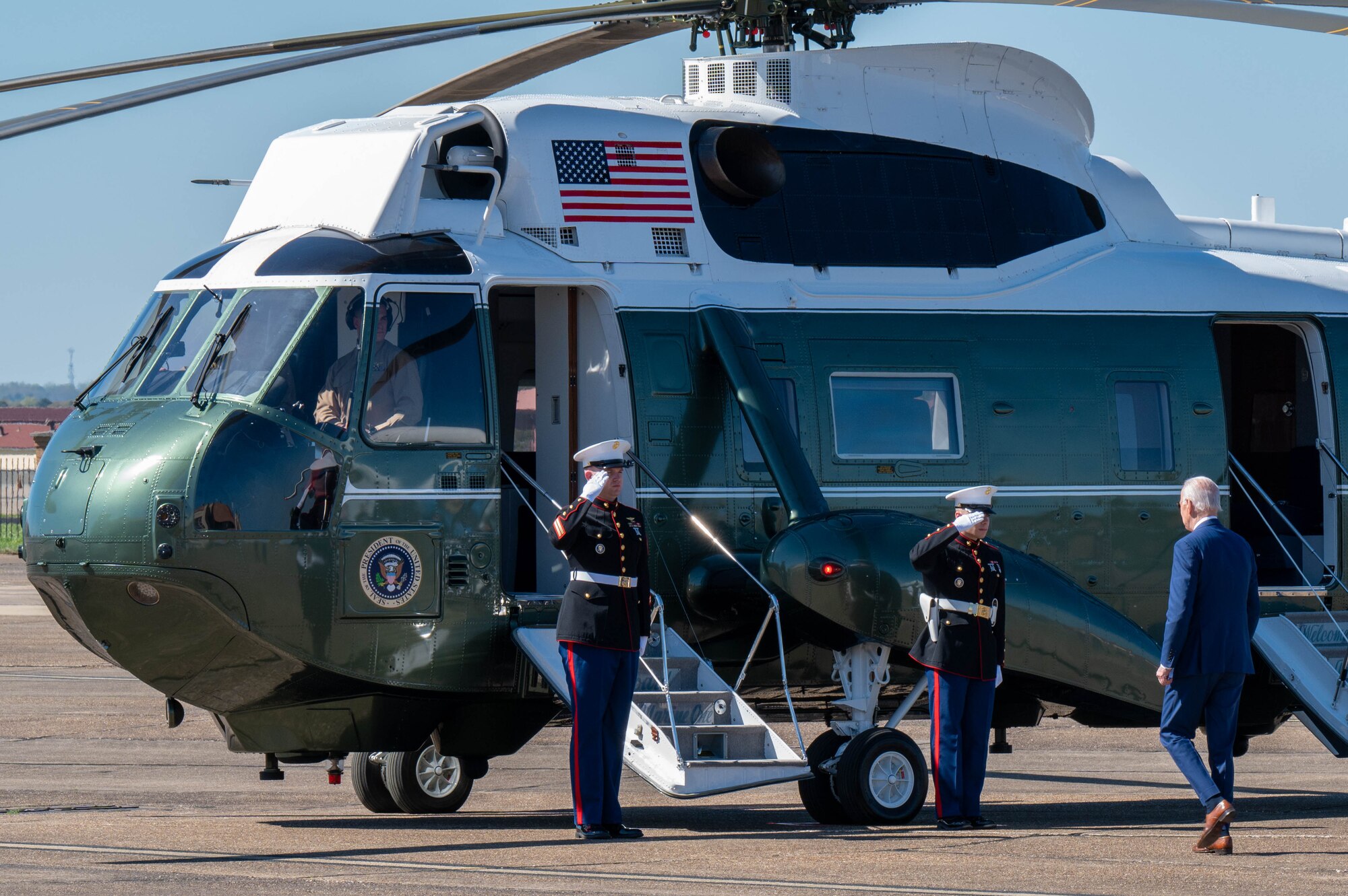 President Joe Biden boards a helicopter to fly to Selma at Maxwell Air Force Base, Ala., March 5, 2023. Maxwell Air Force Base provided air-ground support that aided safe and premier travel during the president's visit to commemorate the 58th anniversary of Bloody Sunday.