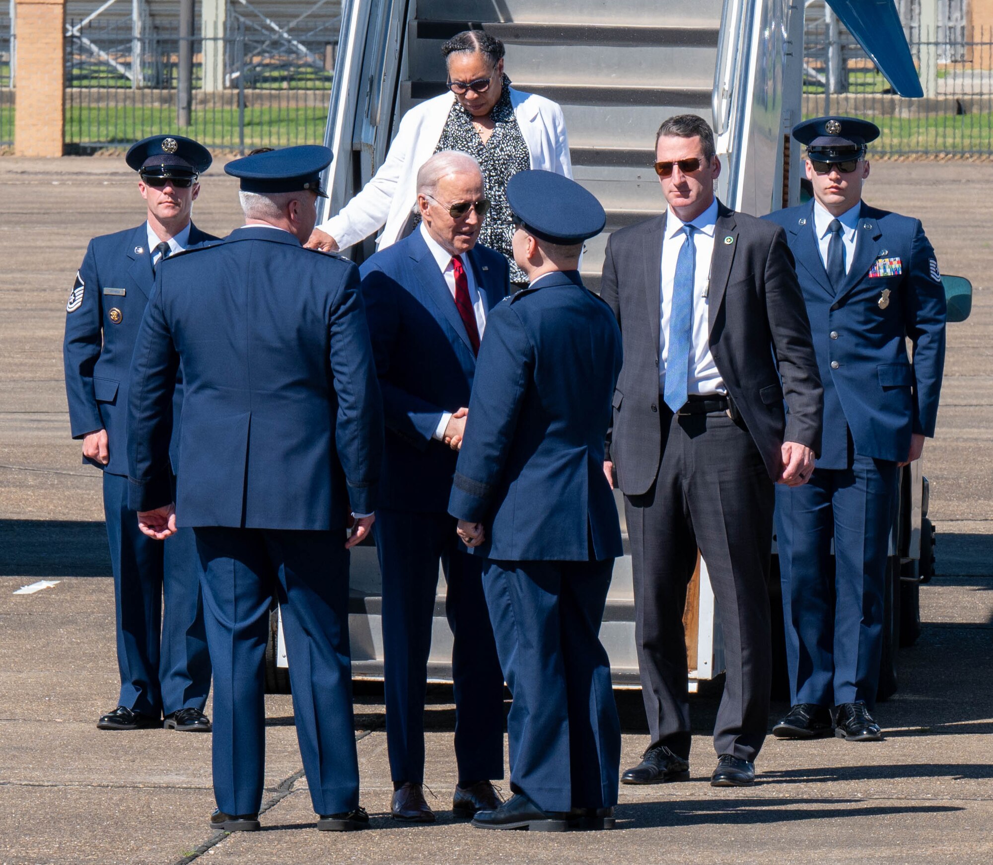 President Joe Biden greets Maj. Gen. William Holt and Col. Christopher Ledford at Maxwell Air Force Base, Mar. 5, 2023. Biden arrived at Maxwell en route to Selma to commemorate the 58th anniversary of Bloody Sunday.