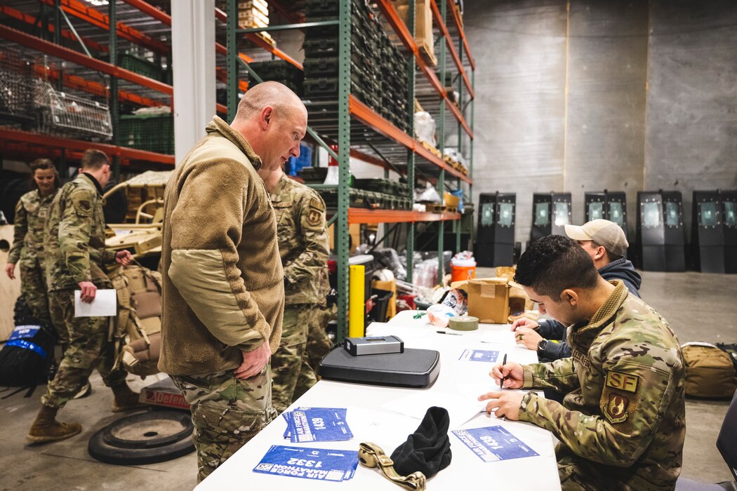 Airmen check-in Mar. 4 in preparation for the Norwegian Foot March event on Wright-Patterson Air Force Base, Ohio.