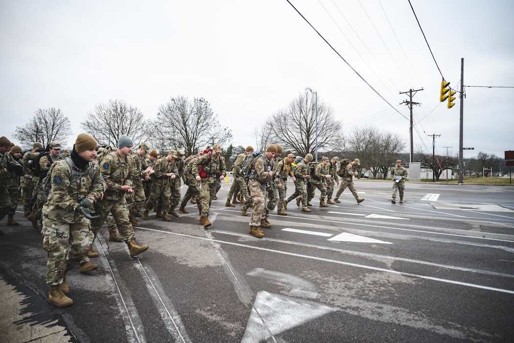 Airmen start marching for the Norwegian Foot March event Mar. 4 at Wright-Patterson Air Force Base, Ohio.