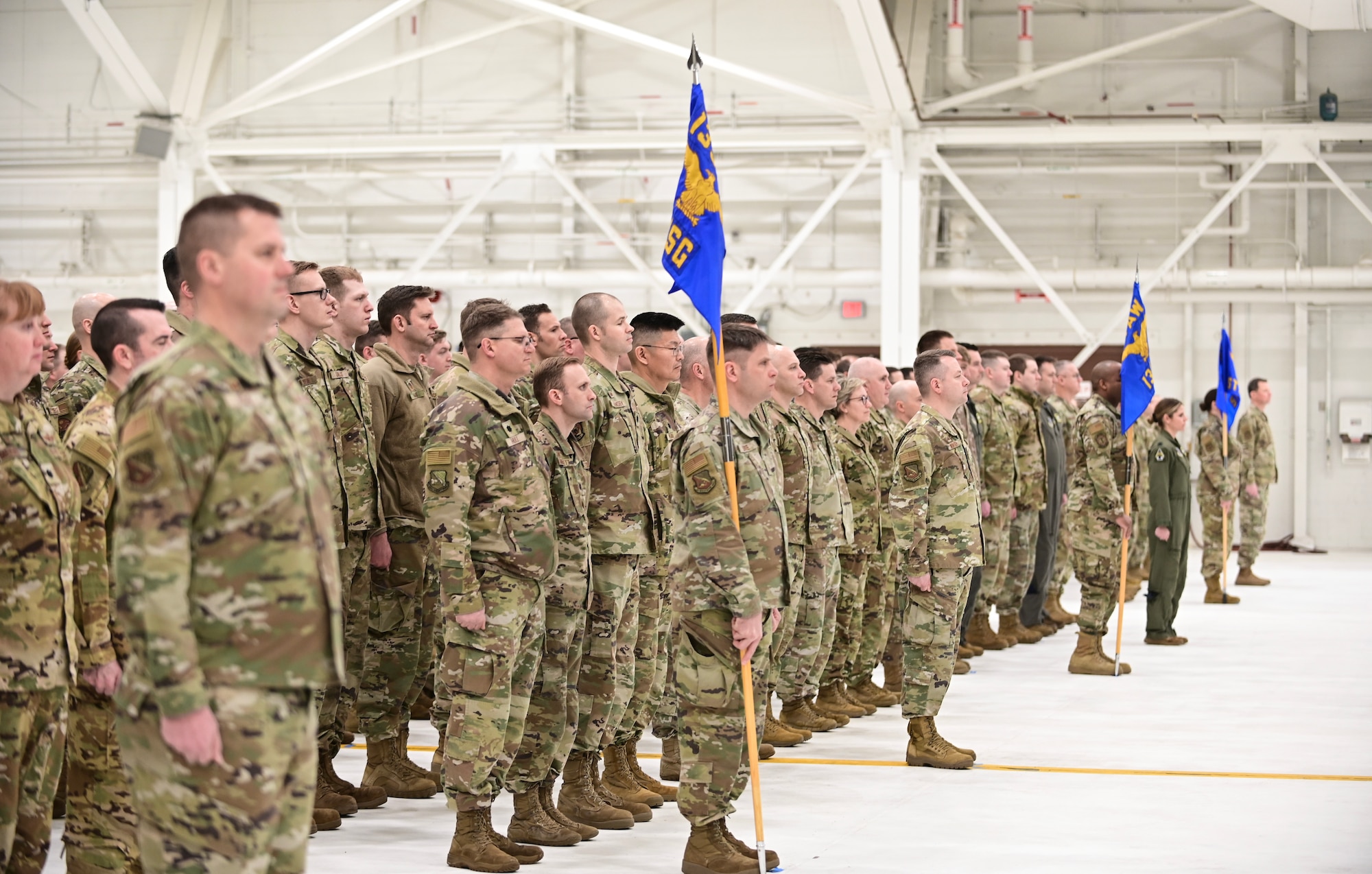 U.S. Air Force Airmen from the 133rd Airlift Wing stand in formation during the change of command ceremony in St. Paul, Minn., March 4, 2023.