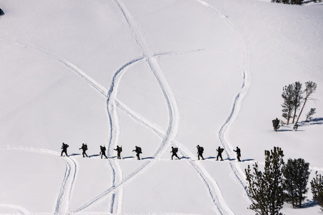 A line of Marines ski in a snowy, hilly area.