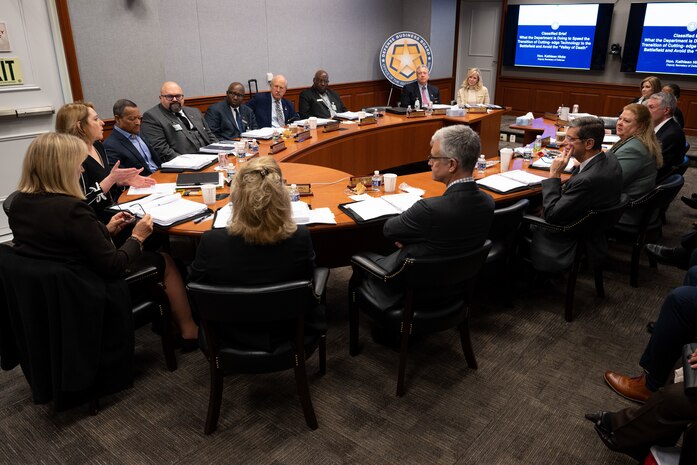 Deputy Secretary of Defense Kathleen Hicks speaks to Defense Business Board members during a meeting at the Pentagon