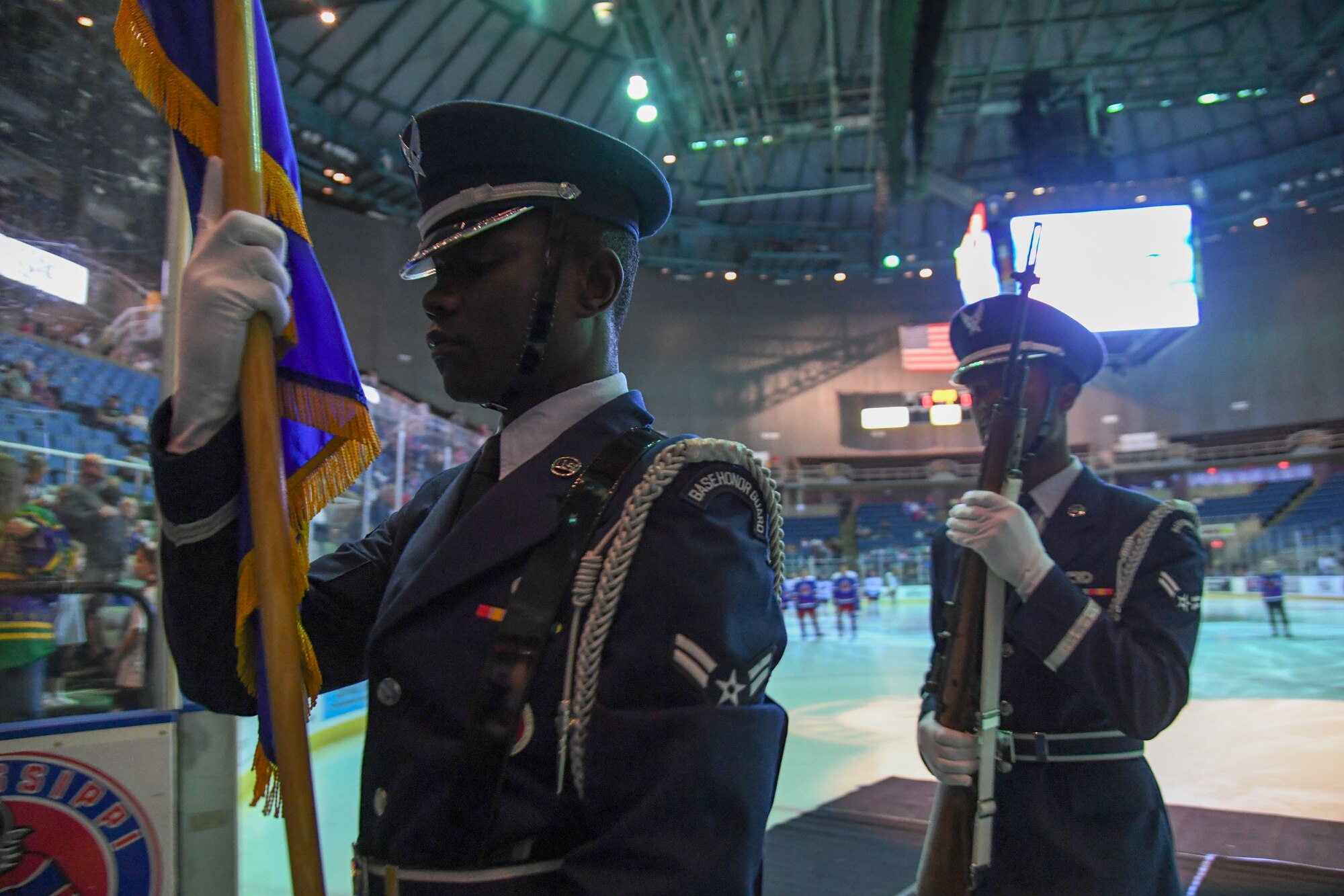 Keesler Air Force Base Honor Guard members exit the ice rink during the Biloxi Pro Hockey game inside the Mississippi Coast Coliseum at Biloxi, Mississippi, March 3, 2023.