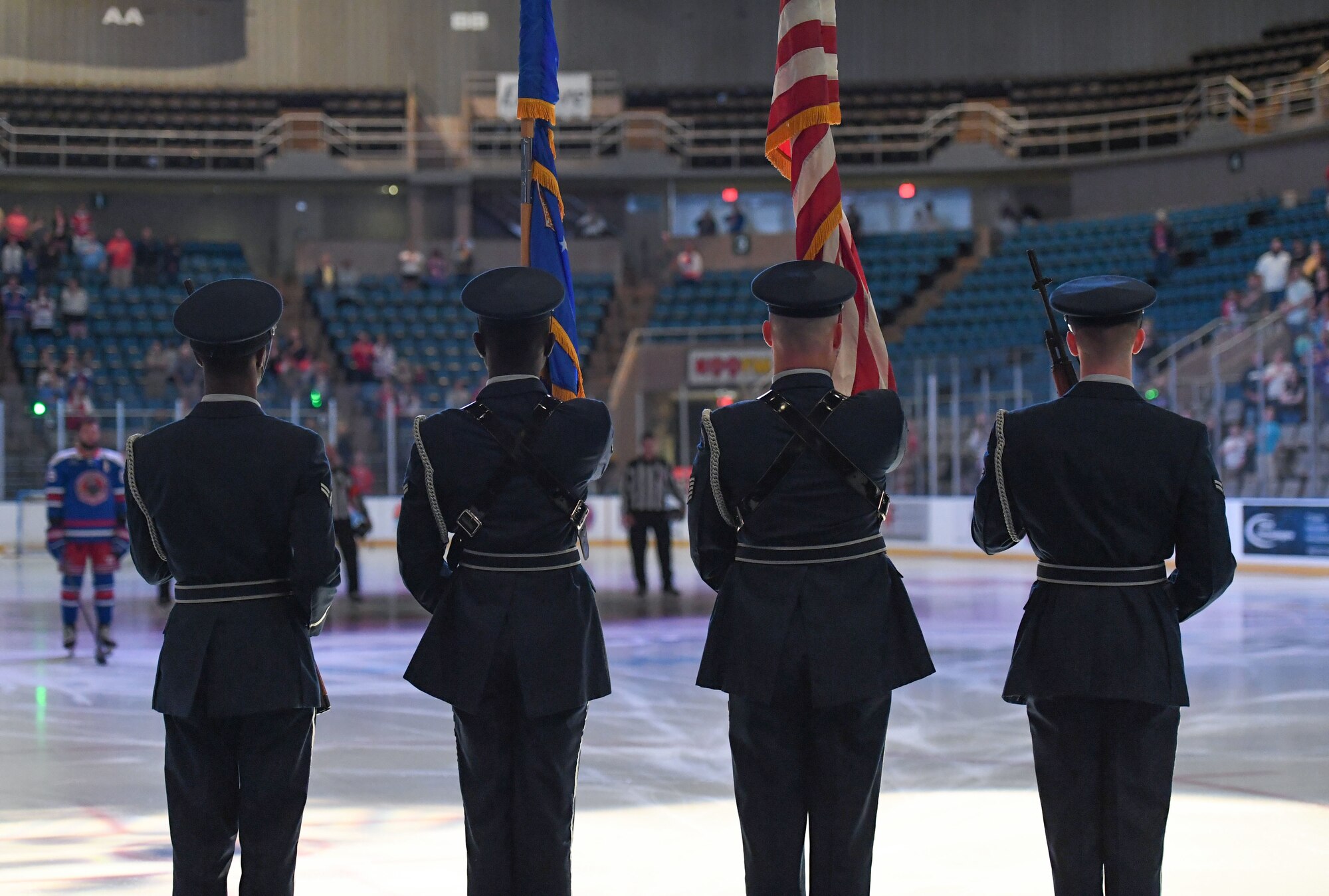 Keesler Air Force Base Honor Guard members present the colors during the Biloxi Pro Hockey game inside the Mississippi Coast Coliseum at Biloxi, Mississippi, March 3, 2023.