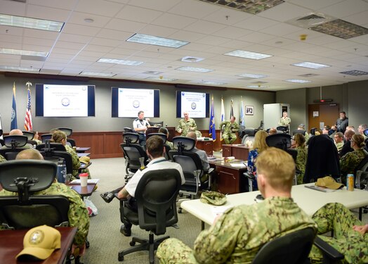  At the opening of the conference to standardize the Job Duty Task Analysis (JDTA) for all non-mobile Distributed SIGINT (Signals Intelligence) Operations (DSO) work roles, Cmdr. Michael Tiefel, executive officer, CIWT, reminded the attendees that, as they look at the Navy’s pacing threats, having capable SIGINT operators that can conduct timely processing, exploitation and dissemination (PED) of products becomes essential for battlefield awareness in a contested maritime environment, on Corry Station, Feb. 22.