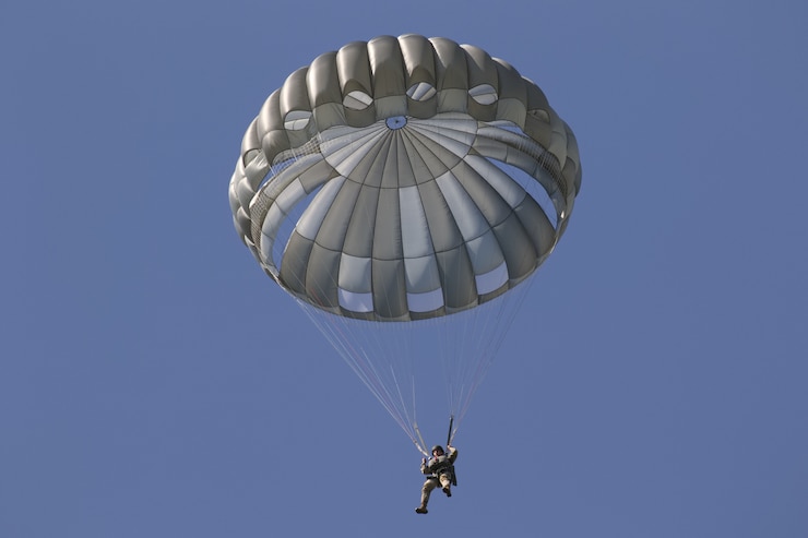 Nebraska Army National Guard Sgt. Robert Hayduk, a supply sergeant assigned to the 2-134th Infantry Battalion (Airborne), descends above Husker Drop Zone Sept. 18, 2021, near Mead, Nebraska.