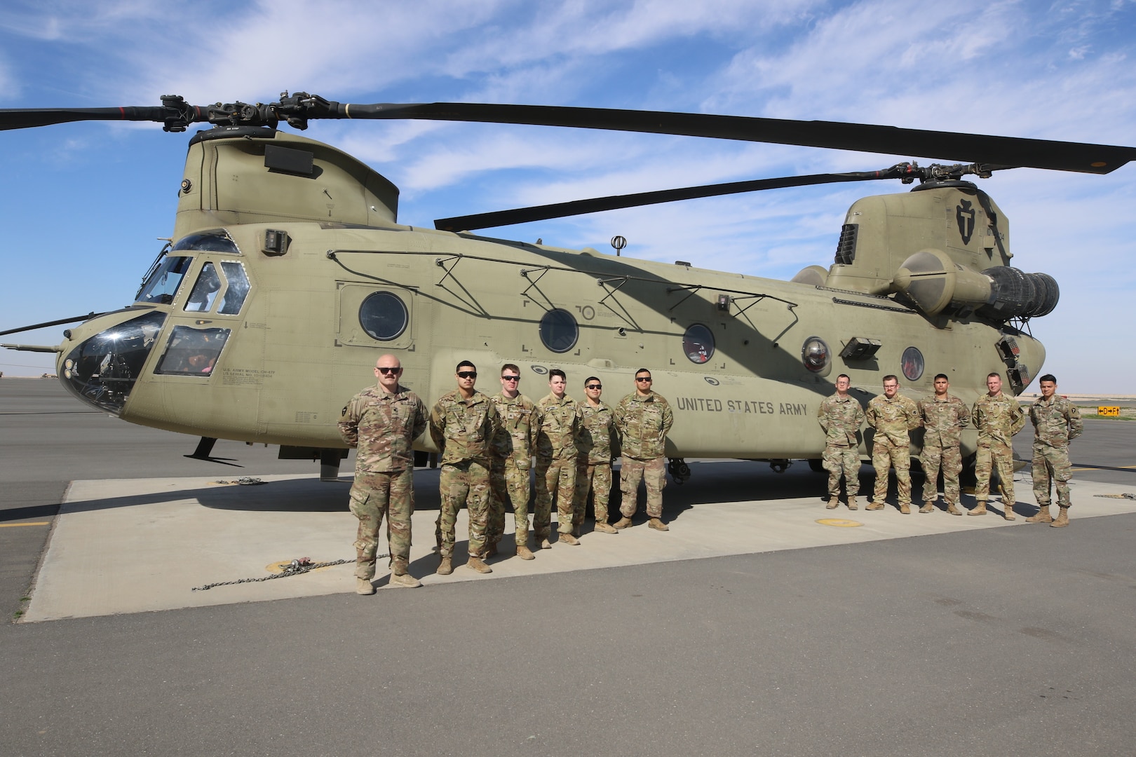 U.S. Army aviation maintenance Soldiers from Delta Company, 2nd Battalion, 149th Aviation Regiment, General Support Aviation Battalion, 36th Combat Aviation Brigade, "Task Force Mustang," gather in front of a readied CH-47F Chinook helicopter at the Udairi Landing Zone in Camp Buehring, Kuwait, Feb. 18, 2023. Left to right: Spc. Jacob Hess, Pfc. Kaleb Fegurgur, Sgt. Adam Scheef, Spc. Sydney McElhany, Spc. Jacob Carreon, Spc. Jorge Gonzalez, Spc. Matthew Glover, Spc. Austin Chancellor, Spc. Louie Chacon, Staff Sgt. Nicholas Schupe, and Sgt. Kevin Vasquez.