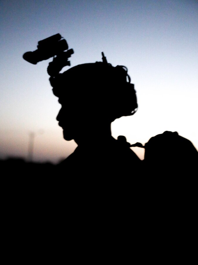 A U.S. Marine with 3rd Air Naval Gunfire Liaison Company, U.S. Marine Corps Forces Reserve, posts security on a patrol during exercise Intrepid Maven 23.2, Feb. 28, 2023. Intrepid Maven is a bilateral exercise between USMARCENT and the IDF designed to improve interoperability, strengthen partner-nation relationships in the U.S. Central Command area of operations and improve both individual and bilateral unit readiness. (U.S. Marine Corps photo by Cpl. Kolby Leger)